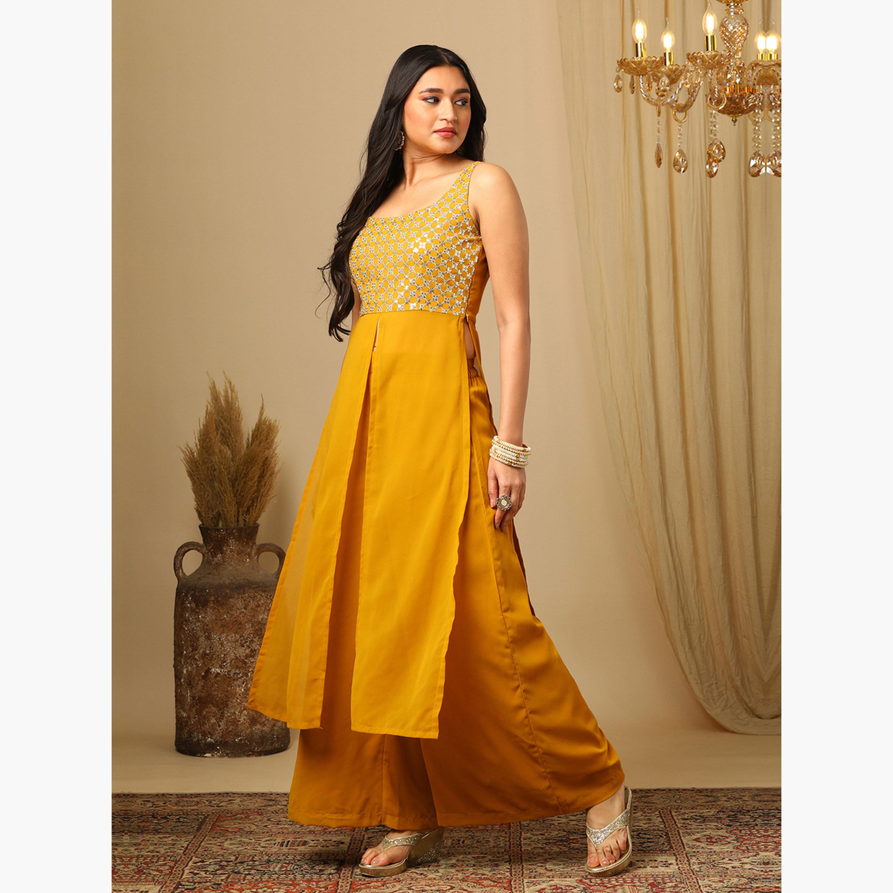 Globus X Styli Yellow Zari Embroidered Sequined Kurta and Flared Palazzos Set-women-clothing-ethnicwear-bottoms-pants-image-2