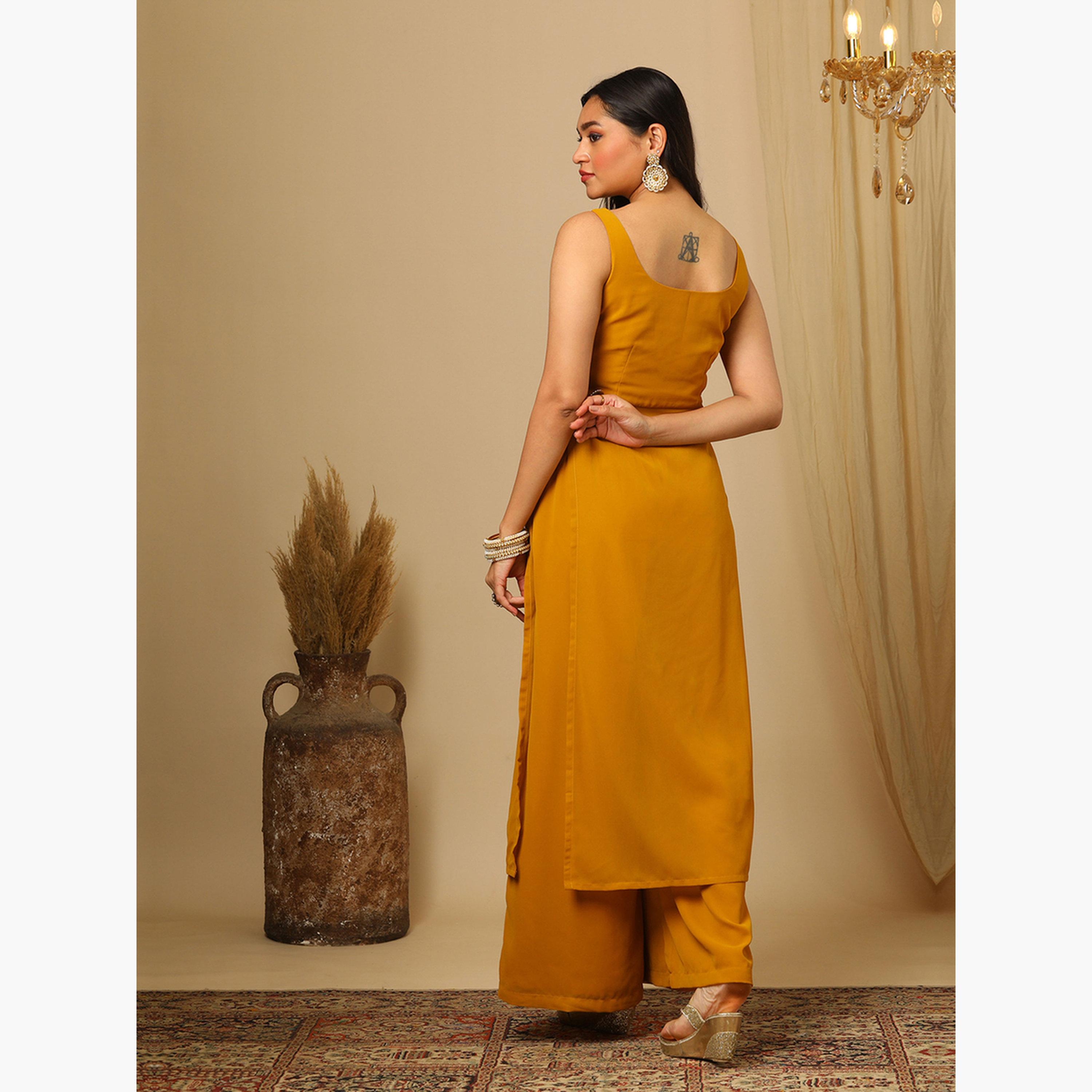 Globus X Styli Yellow Zari Embroidered Sequined Kurta and Flared Palazzos Set-women-clothing-ethnicwear-bottoms-pants-image-3