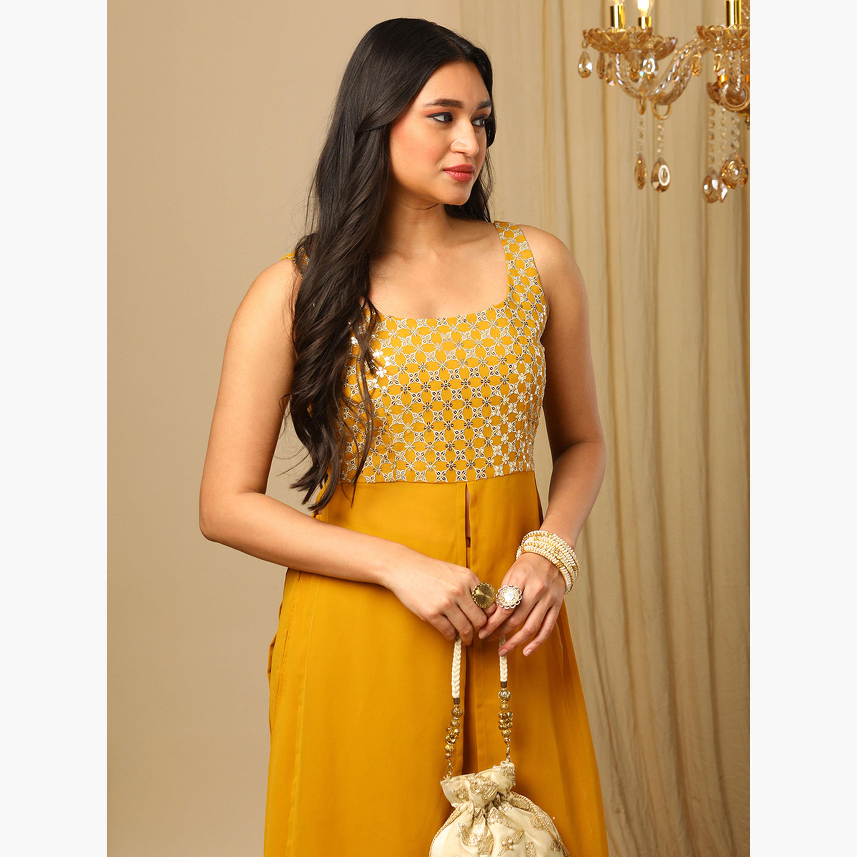 Globus X Styli Yellow Zari Embroidered Sequined Kurta and Flared Palazzos Set-women-clothing-ethnicwear-bottoms-pants-image-4