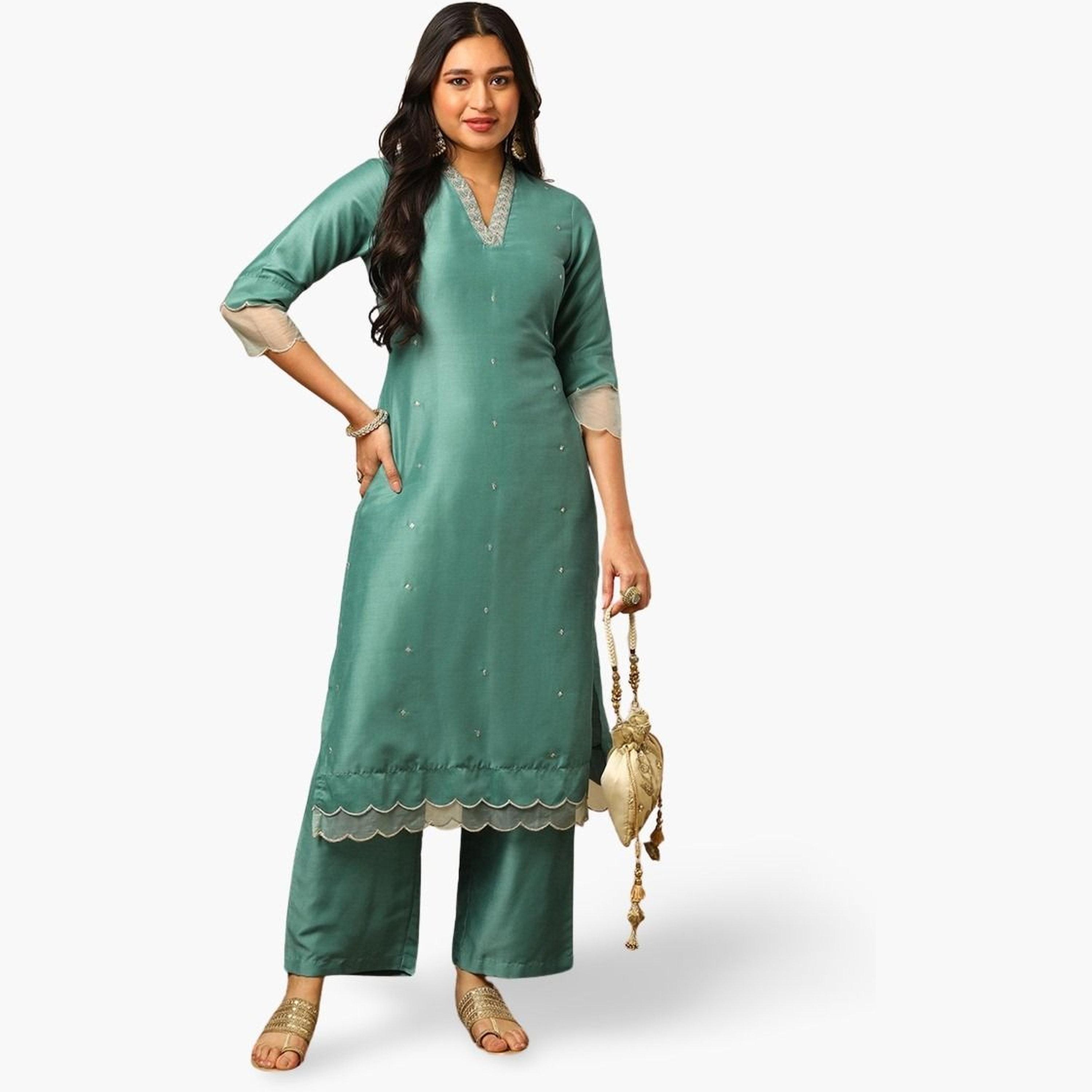 Globus X Styli Green Silver Embroidered V-Neck Kurta and Elasticated Pants Set-women-clothing-ethnicwear-bottoms-pants-image-1