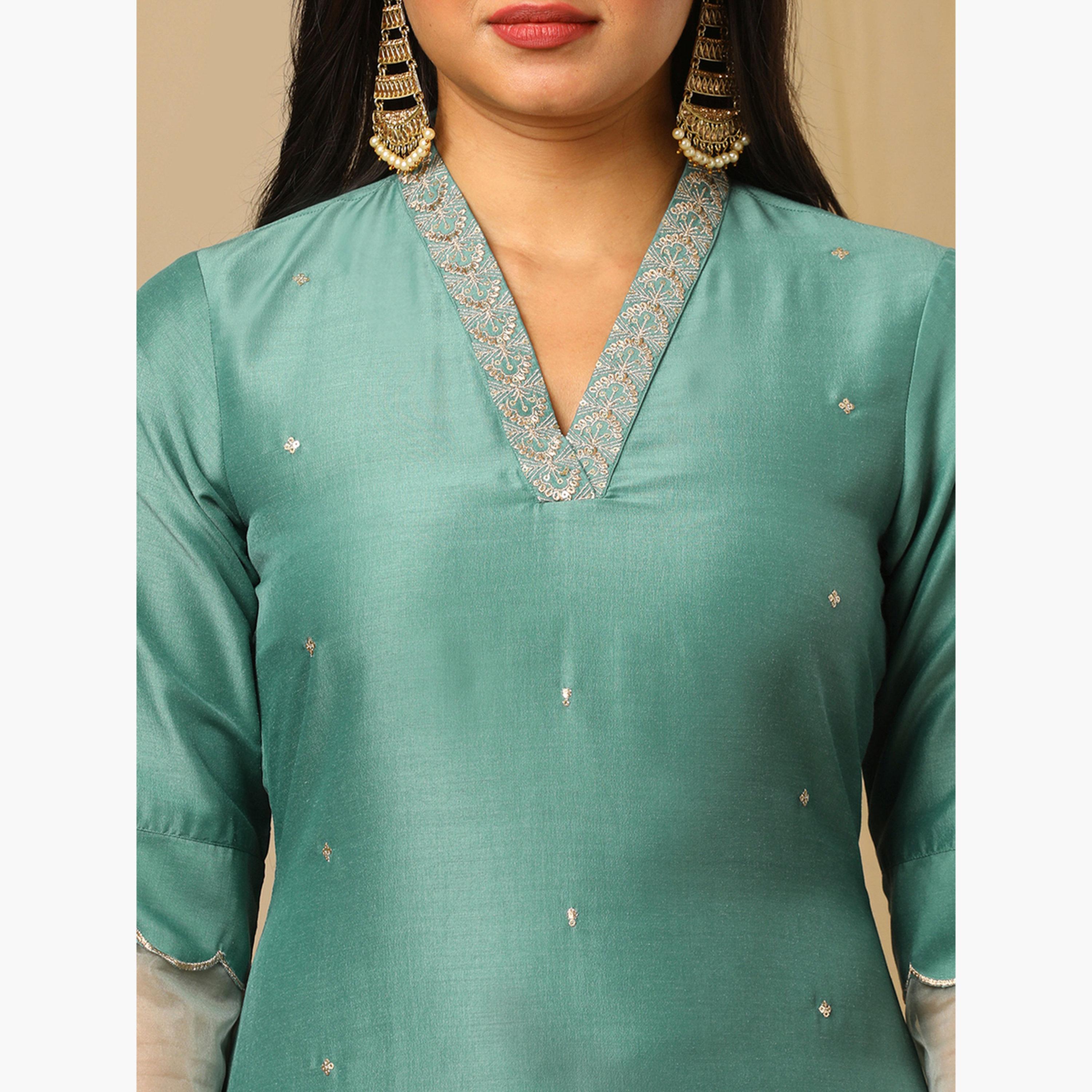 Globus X Styli Green Silver Embroidered V-Neck Kurta and Elasticated Pants Set-women-clothing-ethnicwear-bottoms-pants-image-6