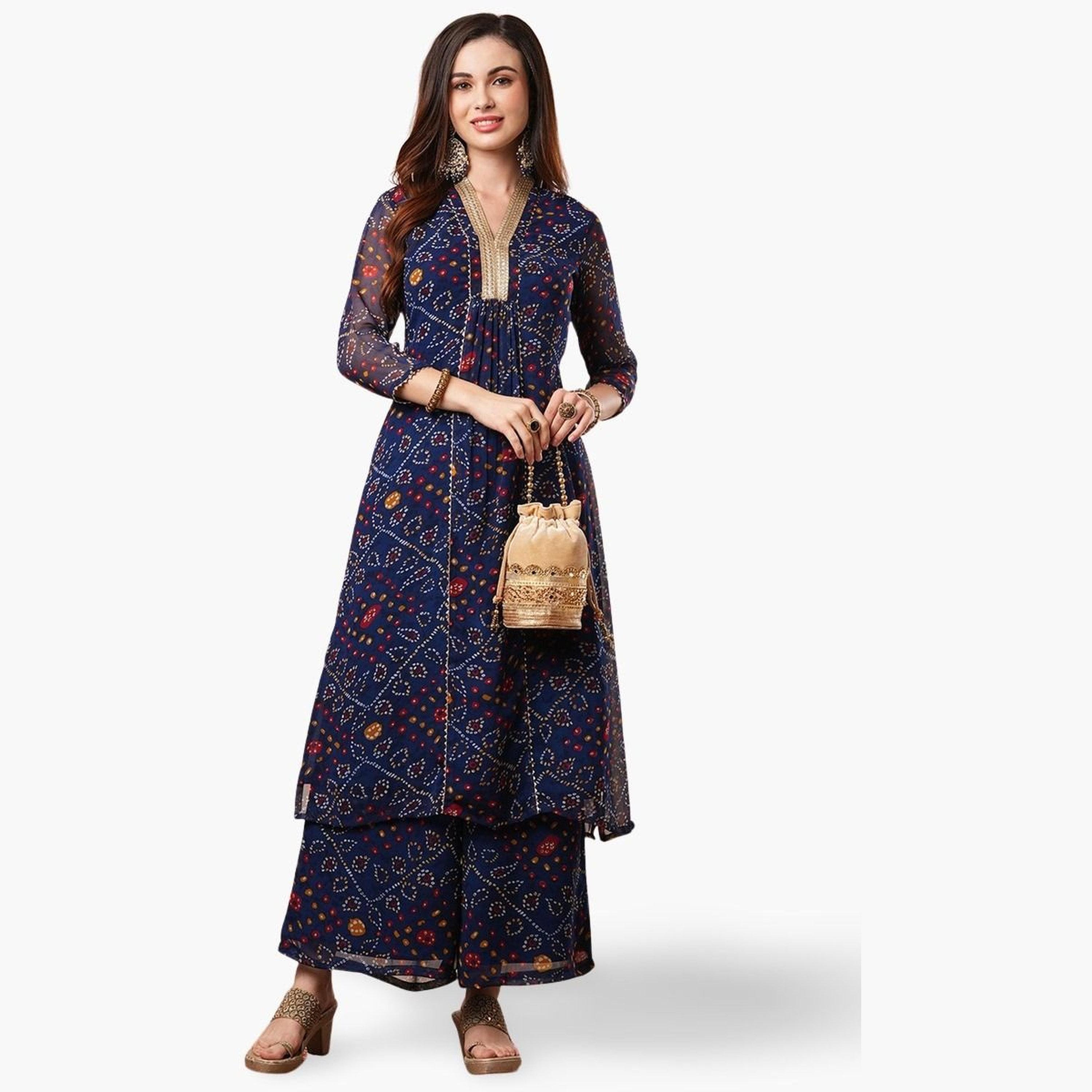غلوبوص × ستايلي - كورتا مطوية من الدانتيل رقبة حرف V باللون الأزرق مع بنطال مطاطي-women-clothing-ethnicwear-bottoms-pants-image-1
