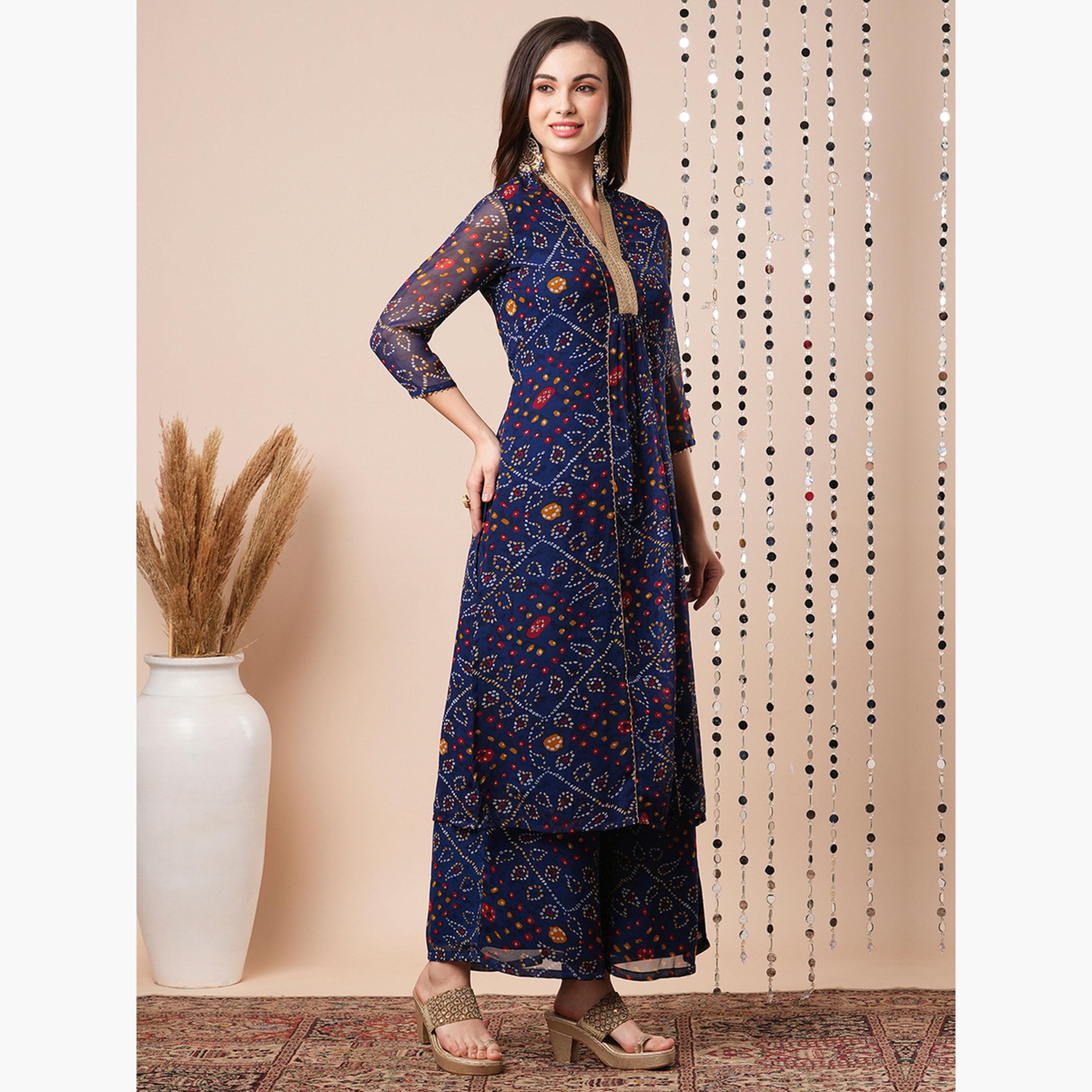 غلوبوص × ستايلي - كورتا مطوية من الدانتيل رقبة حرف V باللون الأزرق مع بنطال مطاطي-women-clothing-ethnicwear-bottoms-pants-image-2
