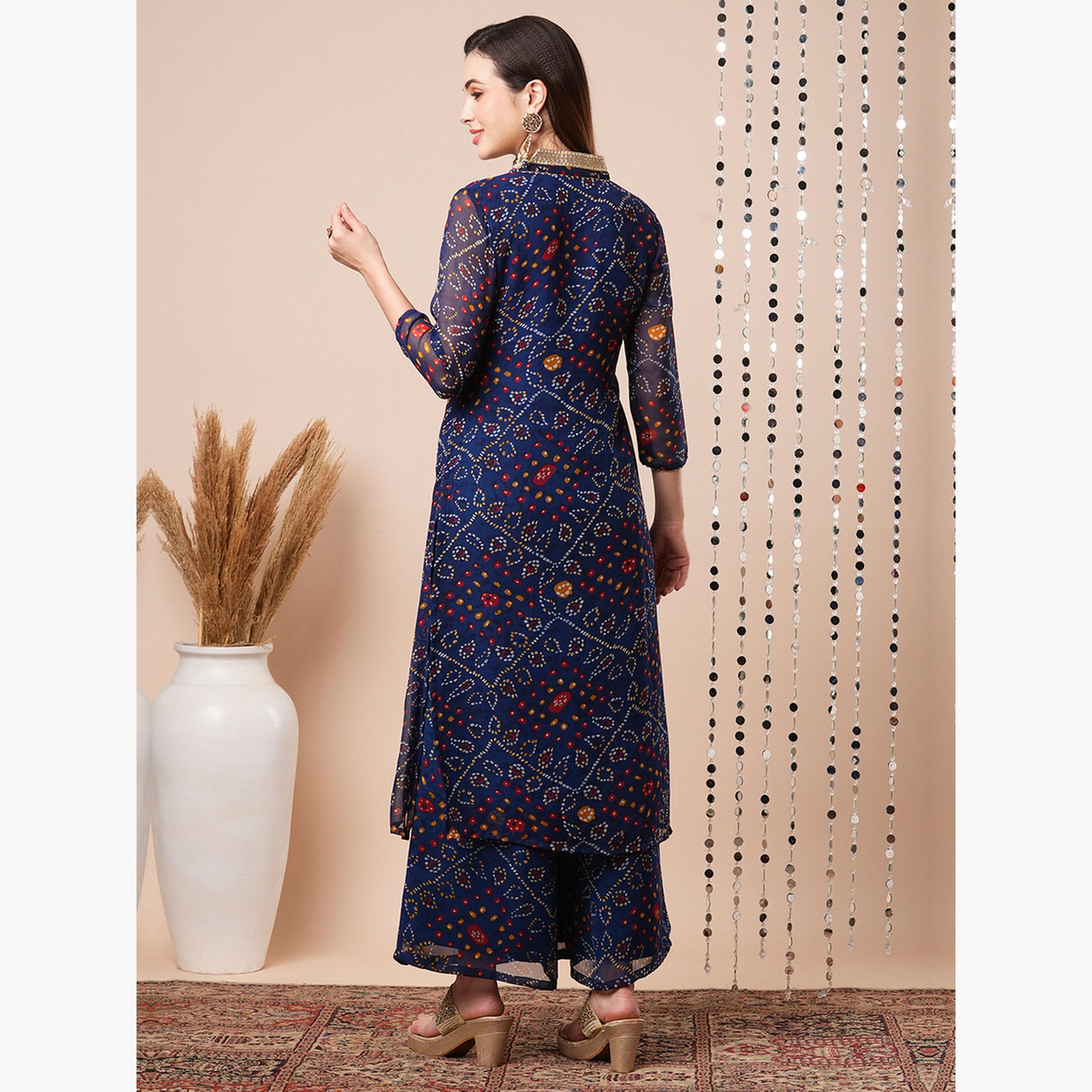 غلوبوص × ستايلي - كورتا مطوية من الدانتيل رقبة حرف V باللون الأزرق مع بنطال مطاطي-women-clothing-ethnicwear-bottoms-pants-image-3