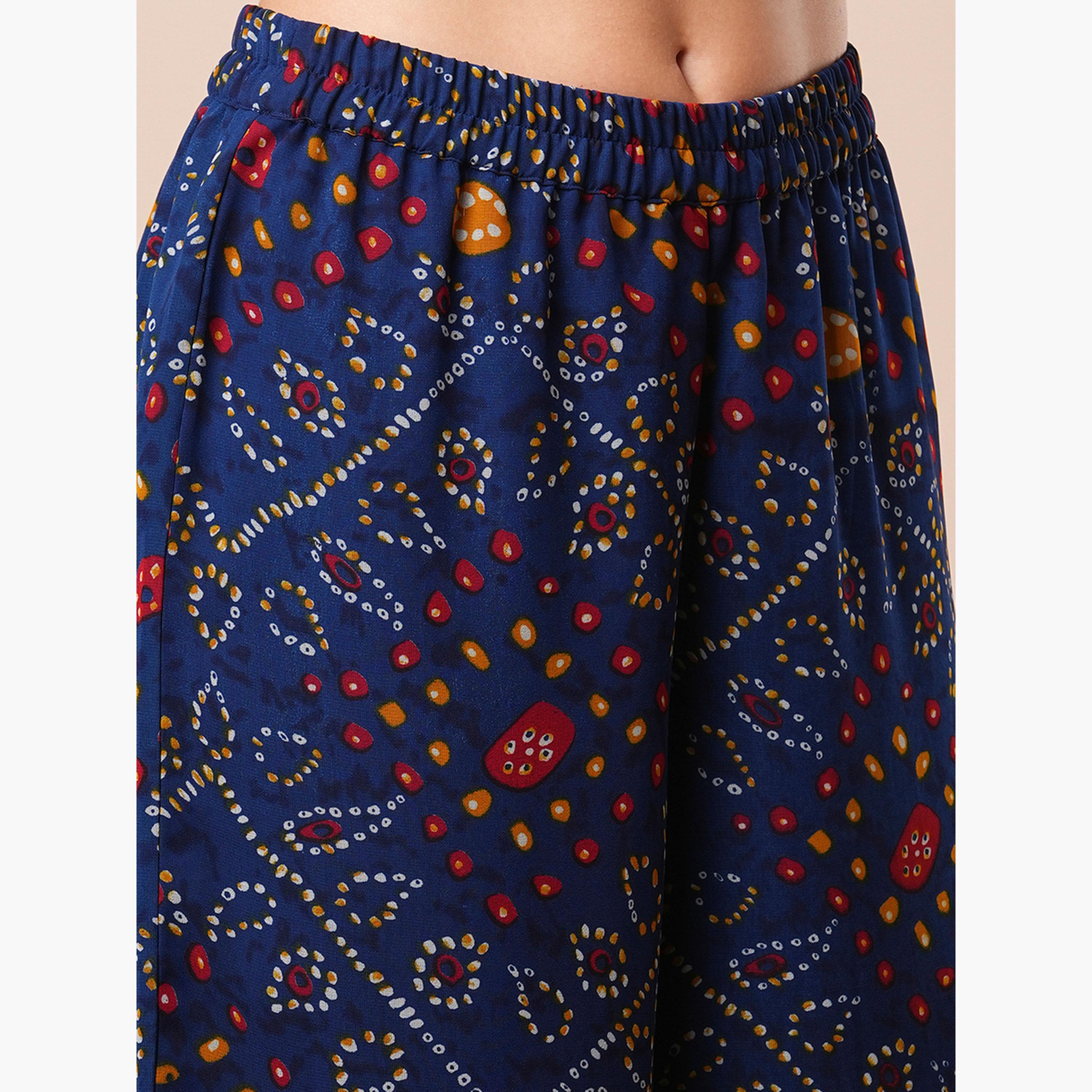 غلوبوص × ستايلي - كورتا مطوية من الدانتيل رقبة حرف V باللون الأزرق مع بنطال مطاطي-women-clothing-ethnicwear-bottoms-pants-image-5