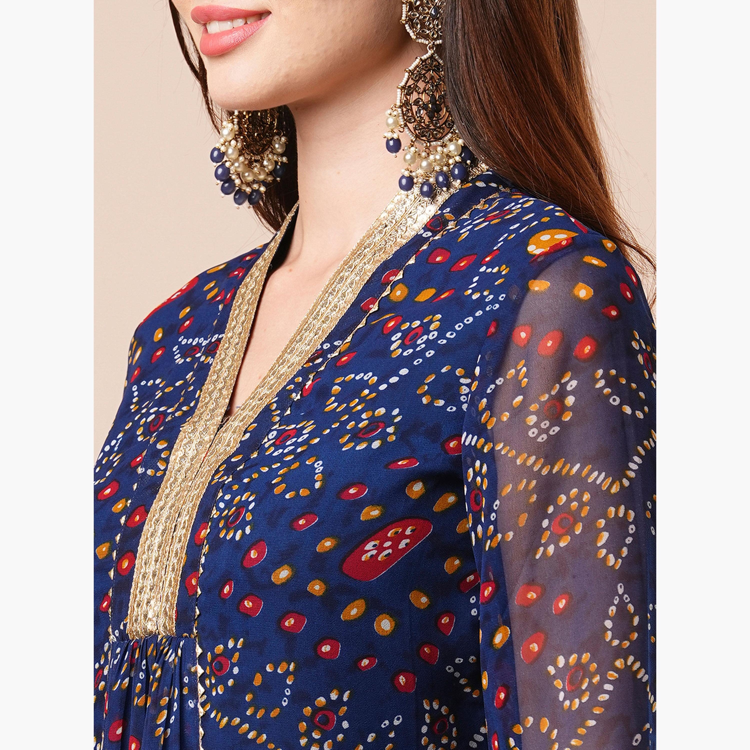 غلوبوص × ستايلي - كورتا مطوية من الدانتيل رقبة حرف V باللون الأزرق مع بنطال مطاطي-women-clothing-ethnicwear-bottoms-pants-image-6