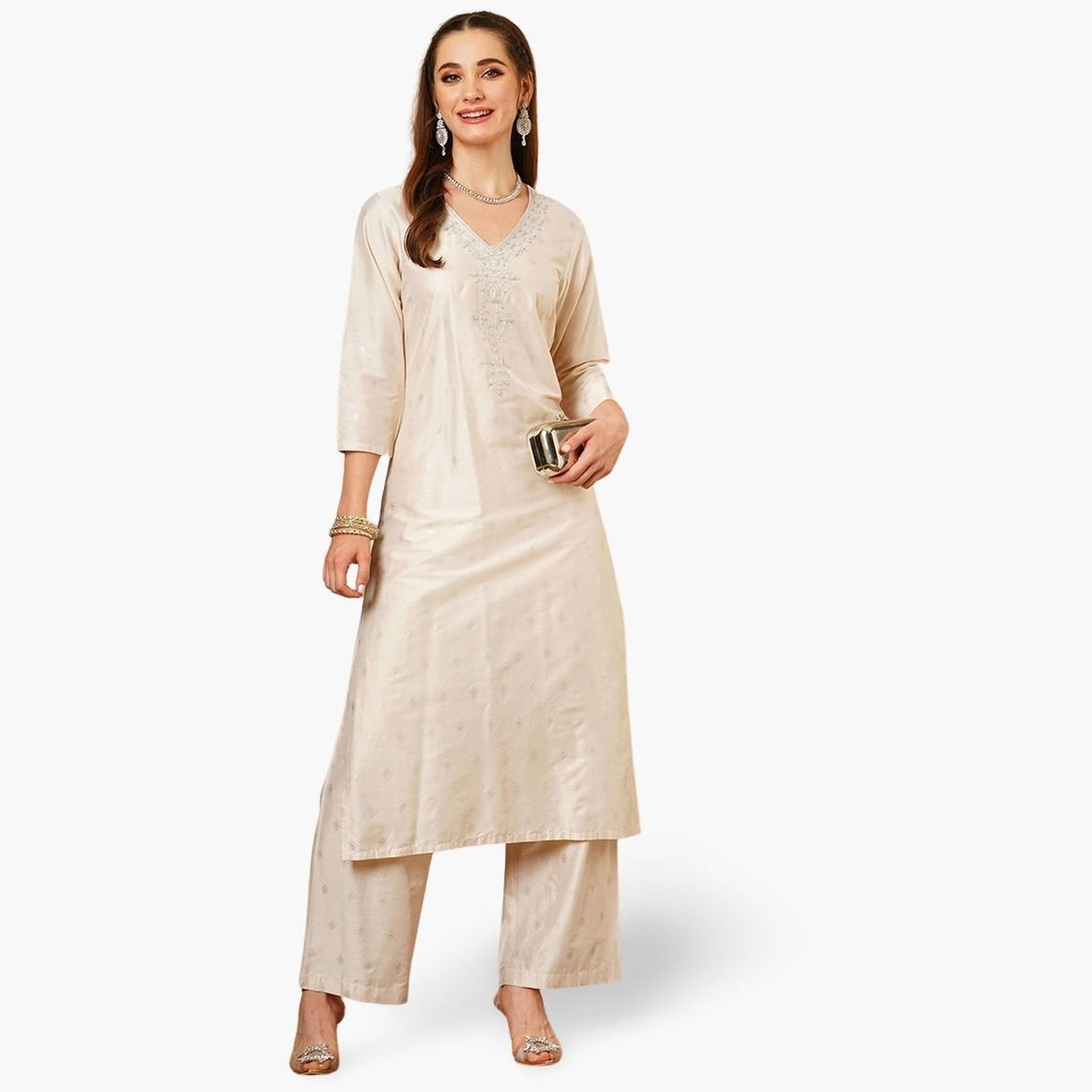 Globus X Styli Women Taupe Embroidered Sequined Kurta and Wide Leg Trouser Set-women-clothing-ethnicwear-bottoms-pants-image-1