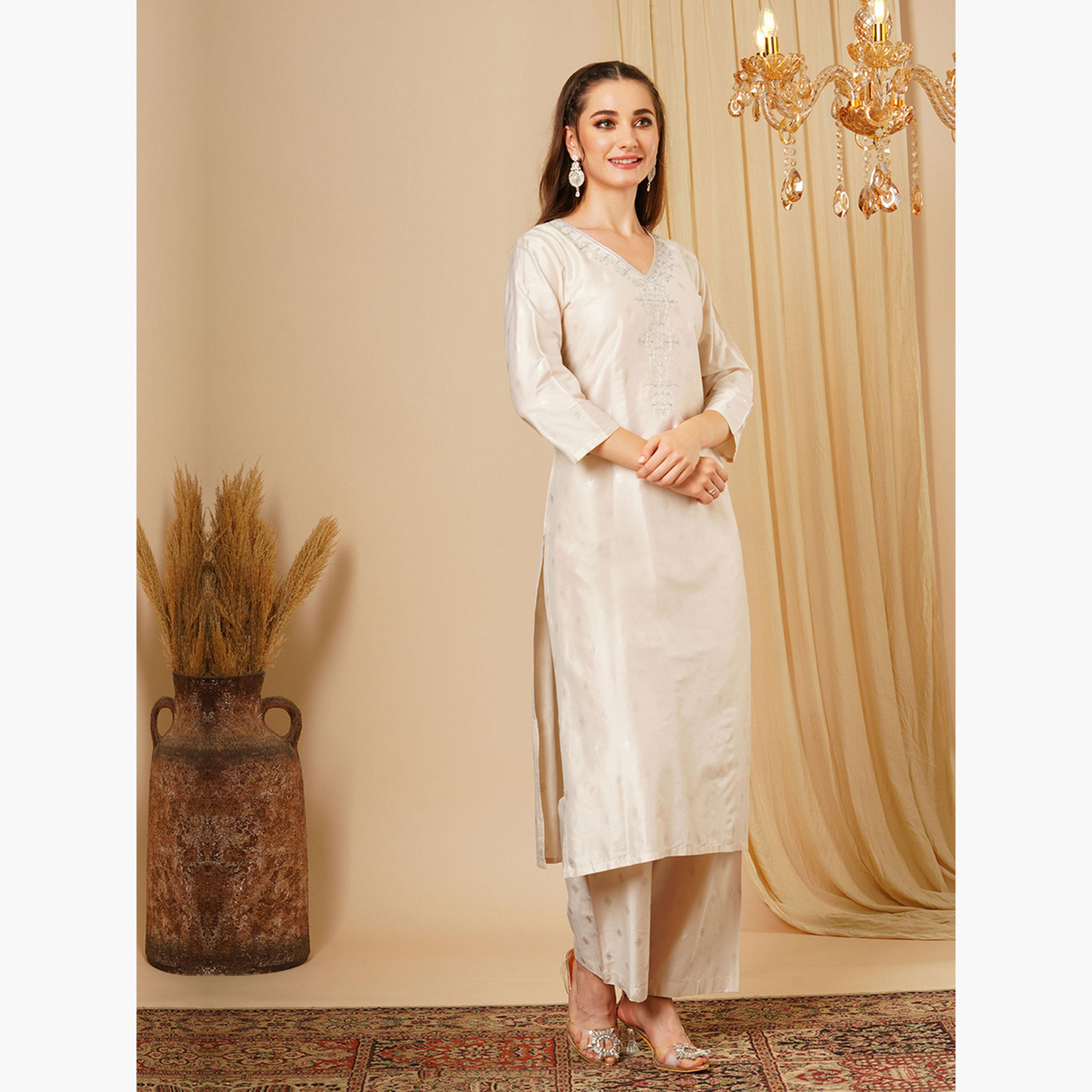 Globus X Styli Women Taupe Embroidered Sequined Kurta and Wide Leg Trouser Set-women-clothing-ethnicwear-bottoms-pants-image-2