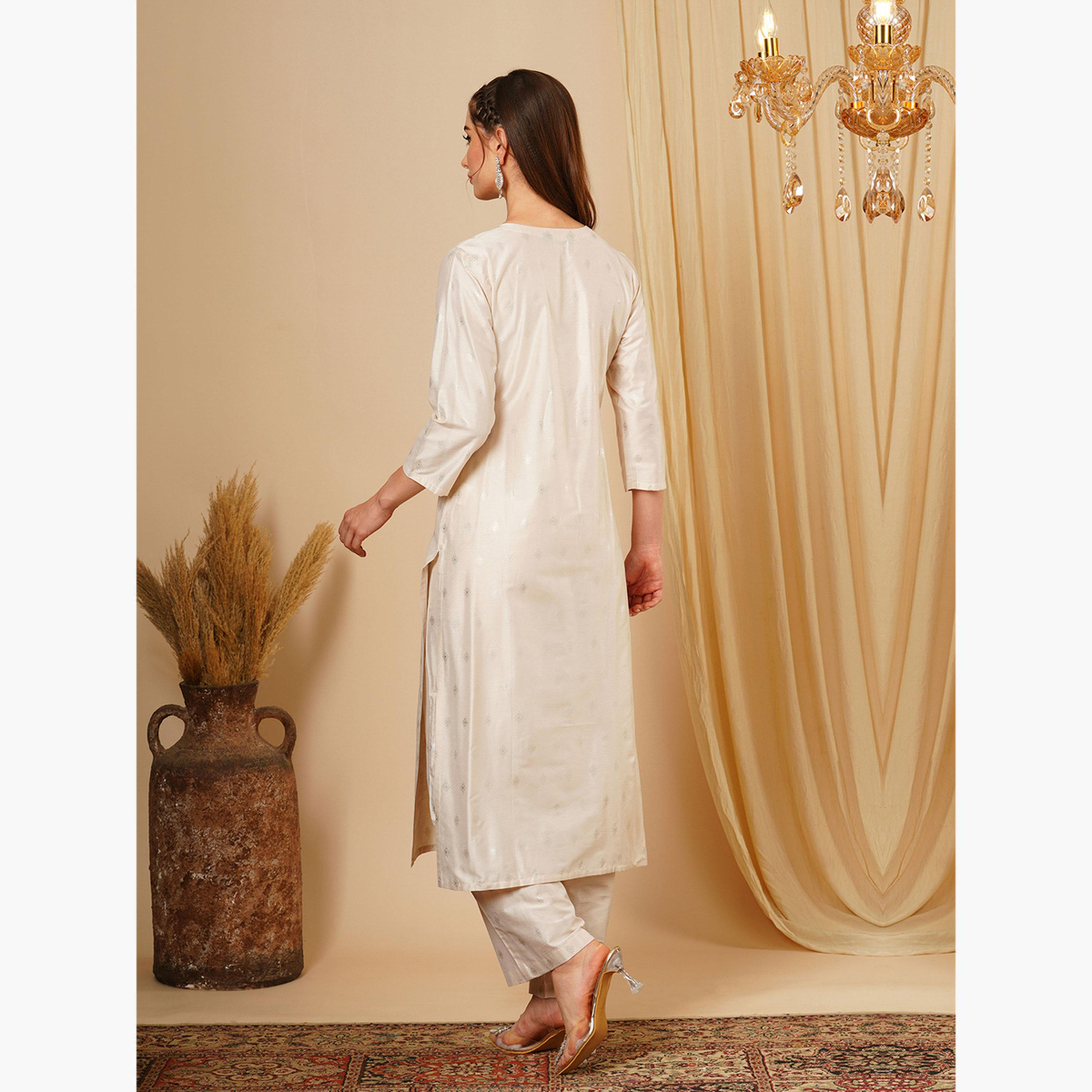 Globus X Styli Women Taupe Embroidered Sequined Kurta and Wide Leg Trouser Set-women-clothing-ethnicwear-bottoms-pants-image-3