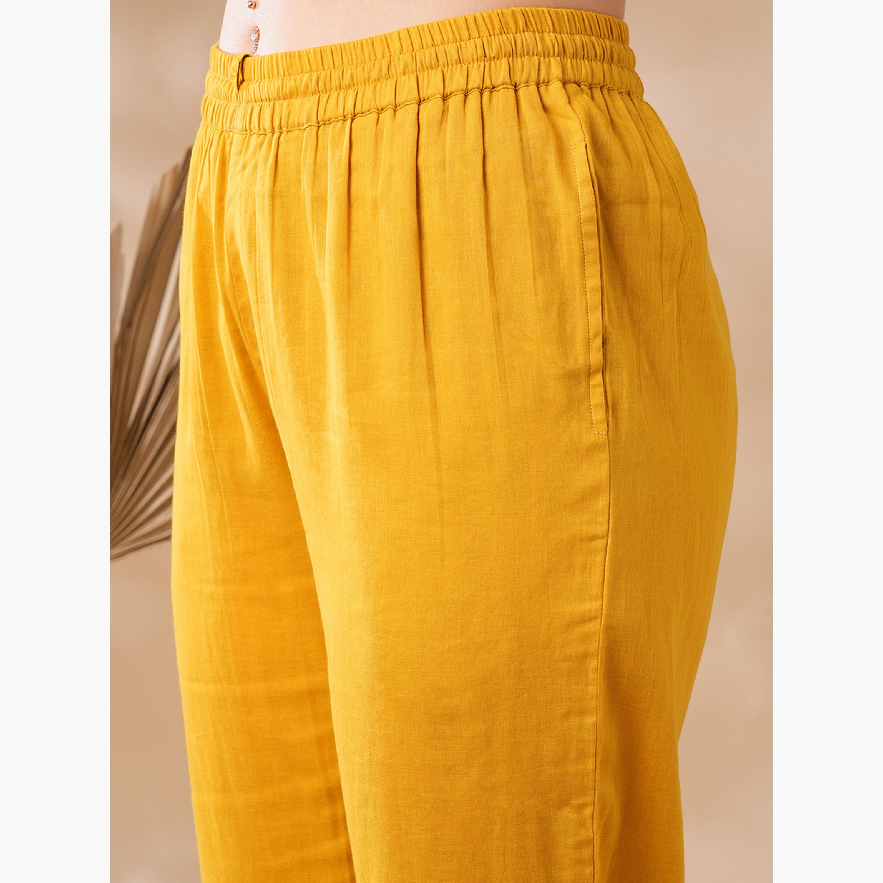 غلوبوص × ستايلي - كورتا (قميص طويل) وبنطال مطرز بالزهور باللون الخردلي-women-clothing-ethnicwear-bottoms-pants-image-5