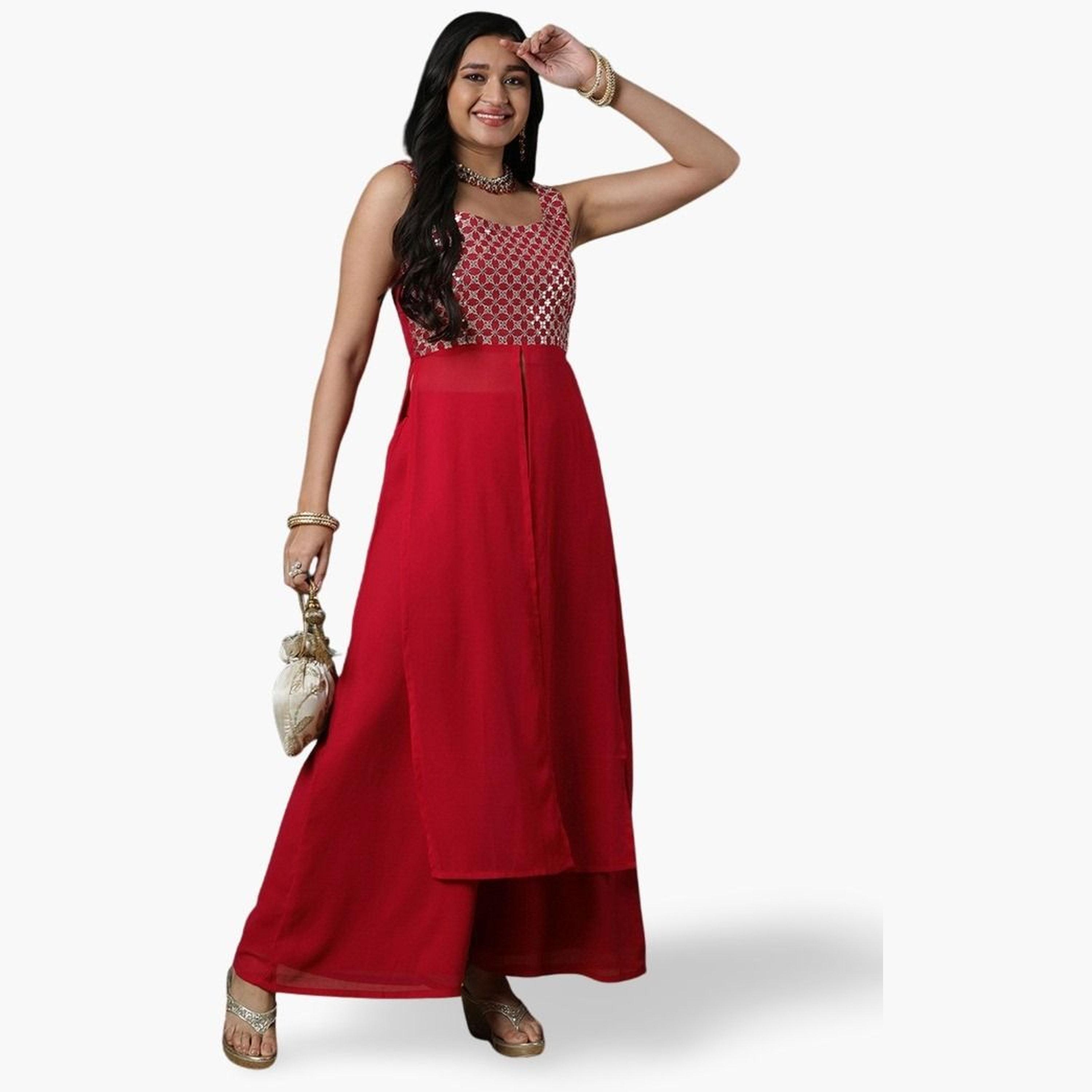 غلوبوص × ستايلي - كورتا (قميص طويل) وبنطال بالازو واسع قماش زاري الوردي مطرز بالترتر-women-clothing-ethnicwear-bottoms-pants-image-1