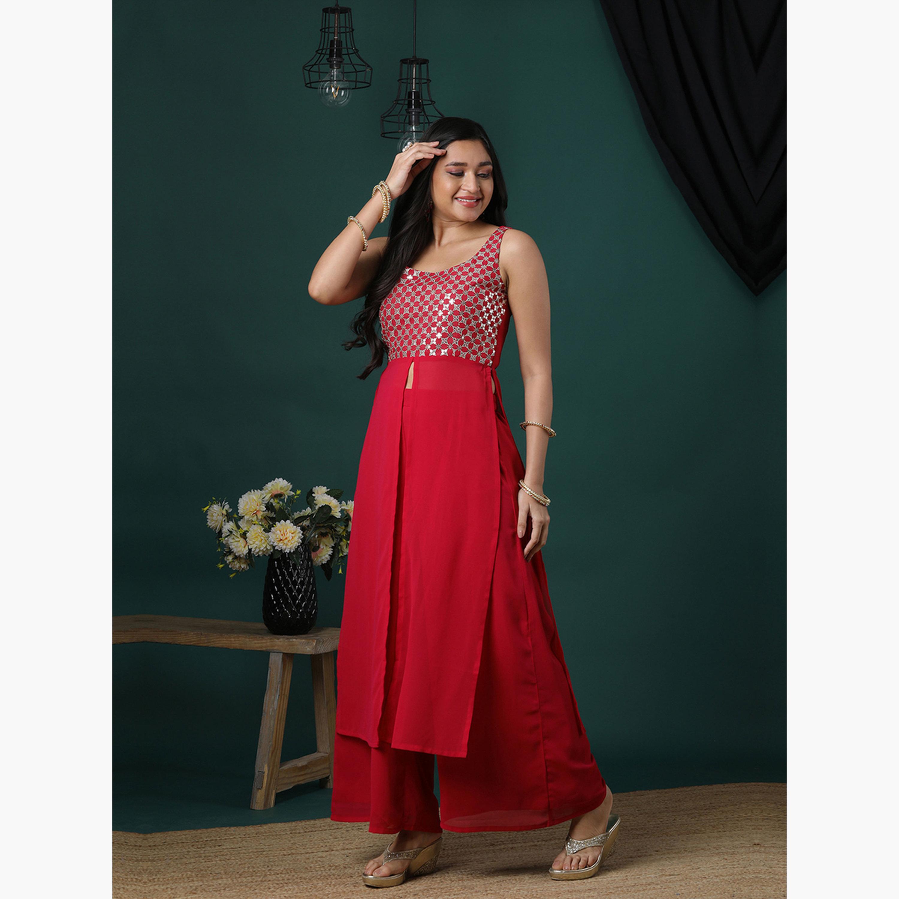غلوبوص × ستايلي - كورتا (قميص طويل) وبنطال بالازو واسع قماش زاري الوردي مطرز بالترتر-women-clothing-ethnicwear-bottoms-pants-image-2