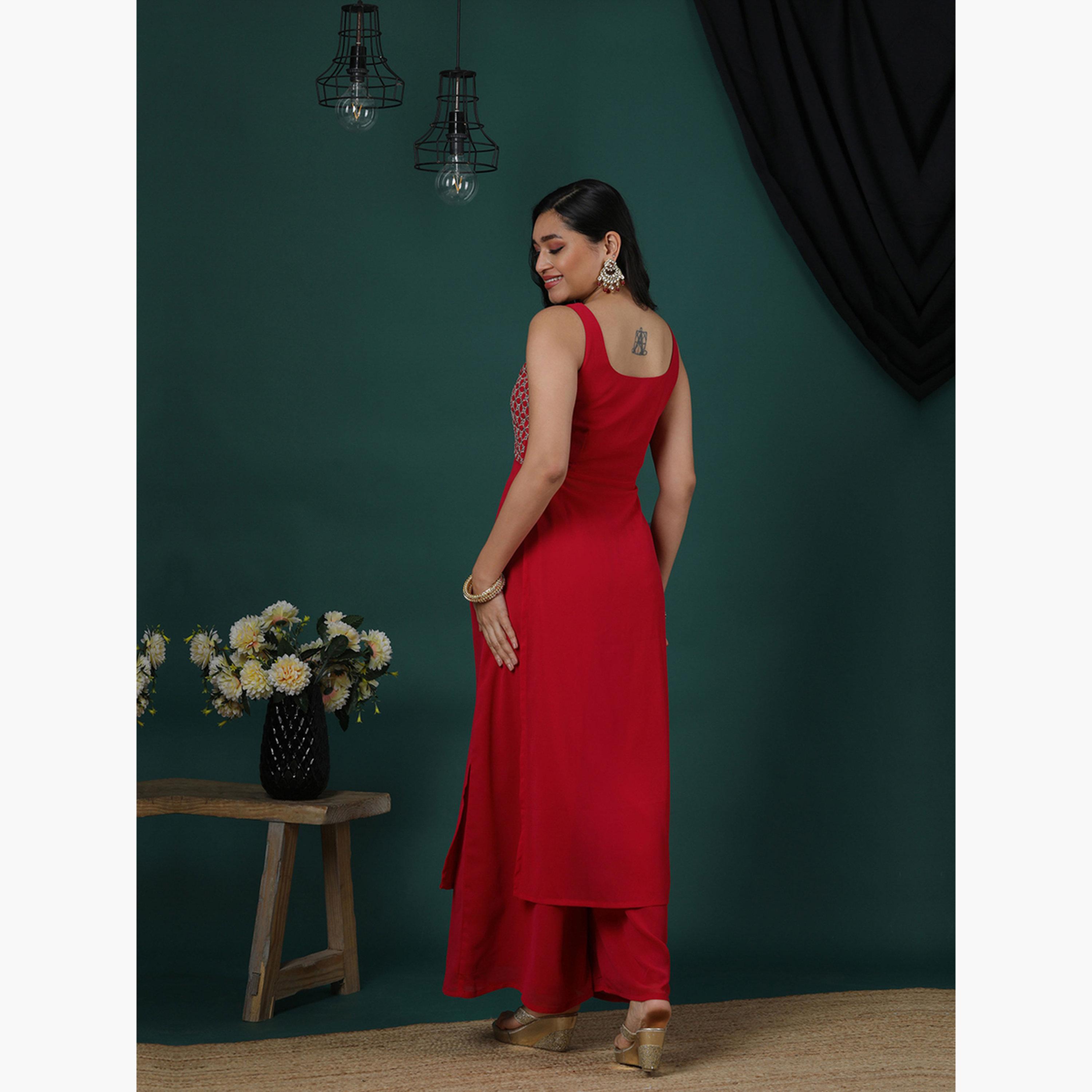 غلوبوص × ستايلي - كورتا (قميص طويل) وبنطال بالازو واسع قماش زاري الوردي مطرز بالترتر-women-clothing-ethnicwear-bottoms-pants-image-3