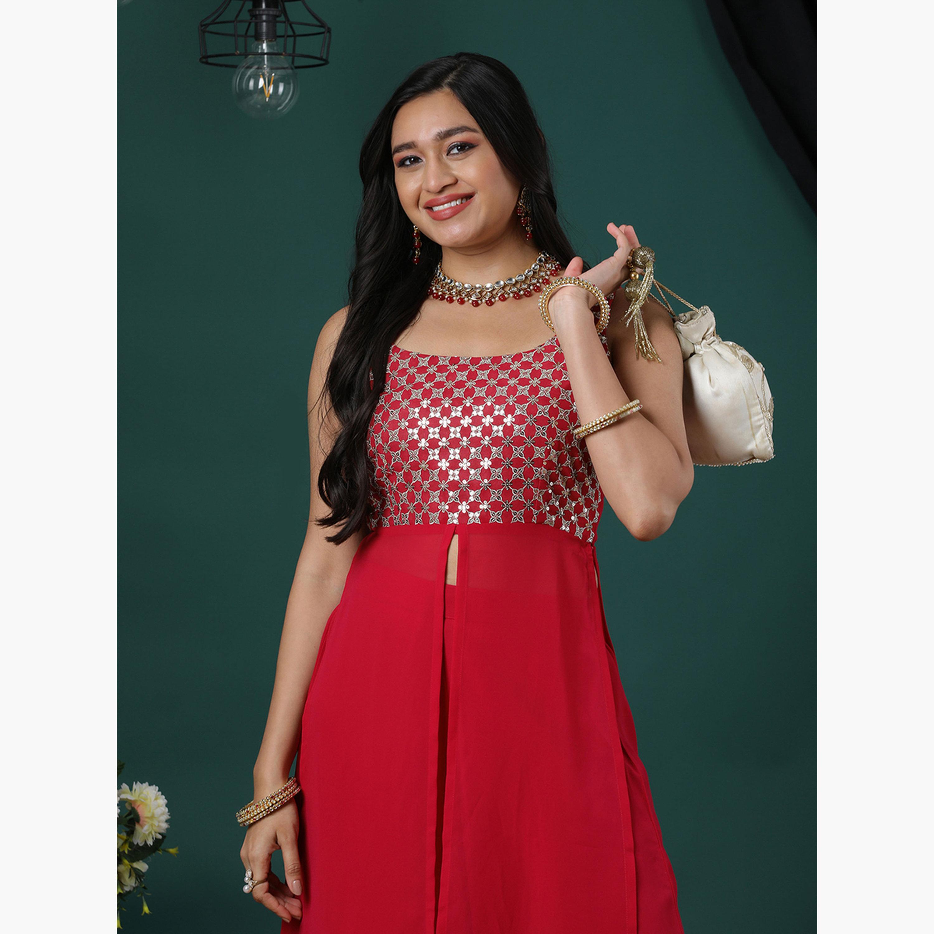 غلوبوص × ستايلي - كورتا (قميص طويل) وبنطال بالازو واسع قماش زاري الوردي مطرز بالترتر-women-clothing-ethnicwear-bottoms-pants-image-4