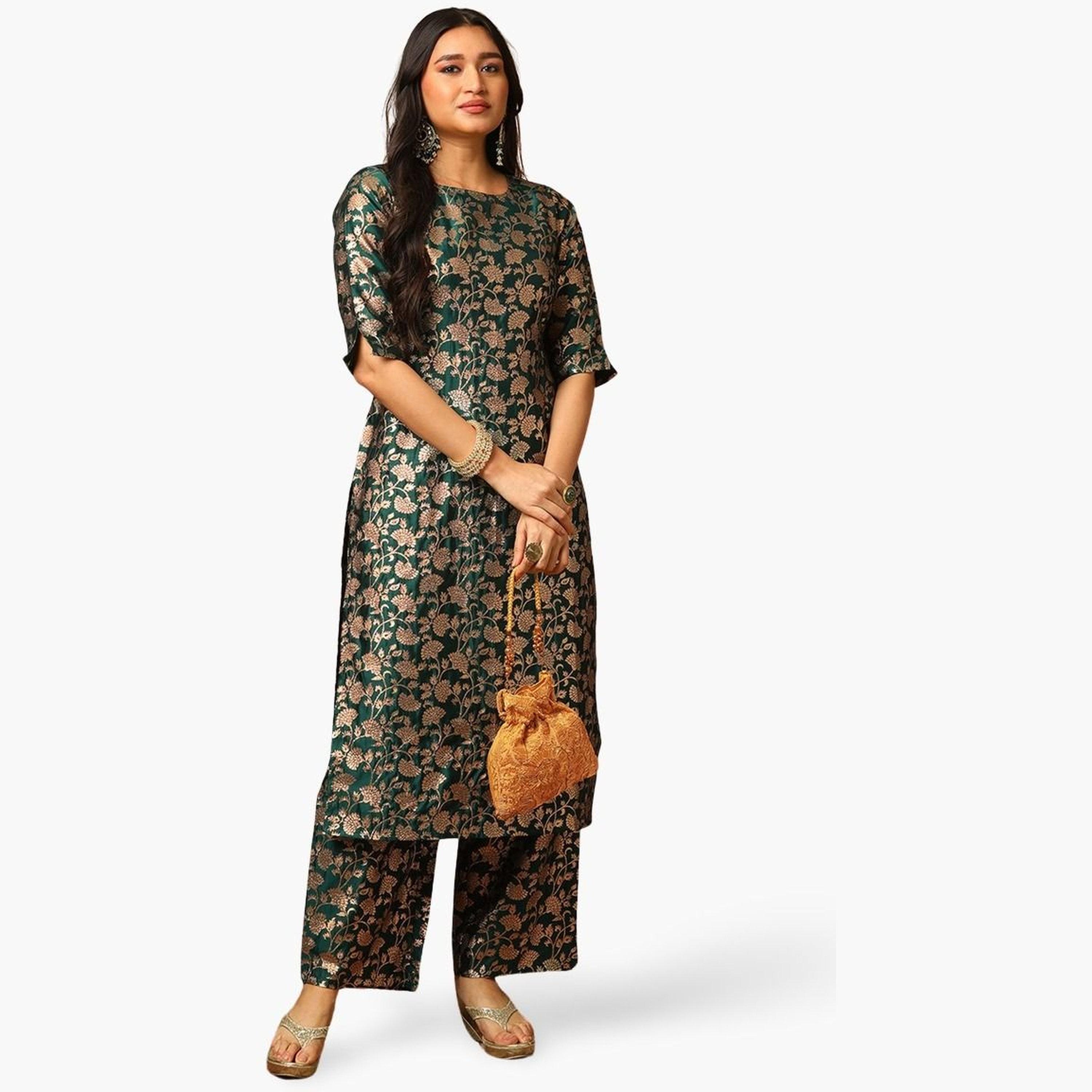 Globus X Styli Green Round Neck Floral Print Straight Kurta and Elasticated Pants Set-women-clothing-ethnicwear-bottoms-pants-image-1