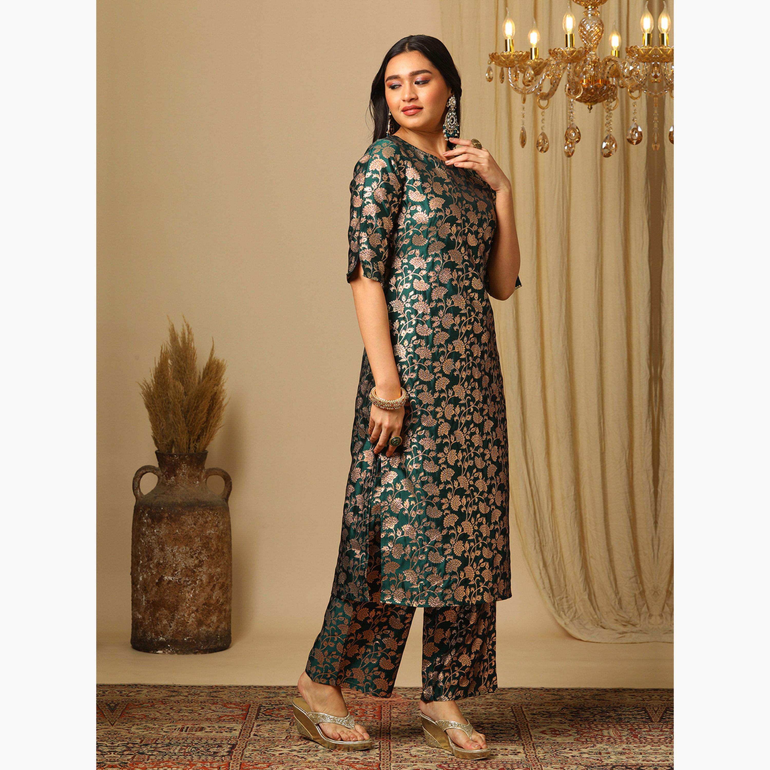 Globus X Styli Green Round Neck Floral Print Straight Kurta and Elasticated Pants Set-women-clothing-ethnicwear-bottoms-pants-image-2