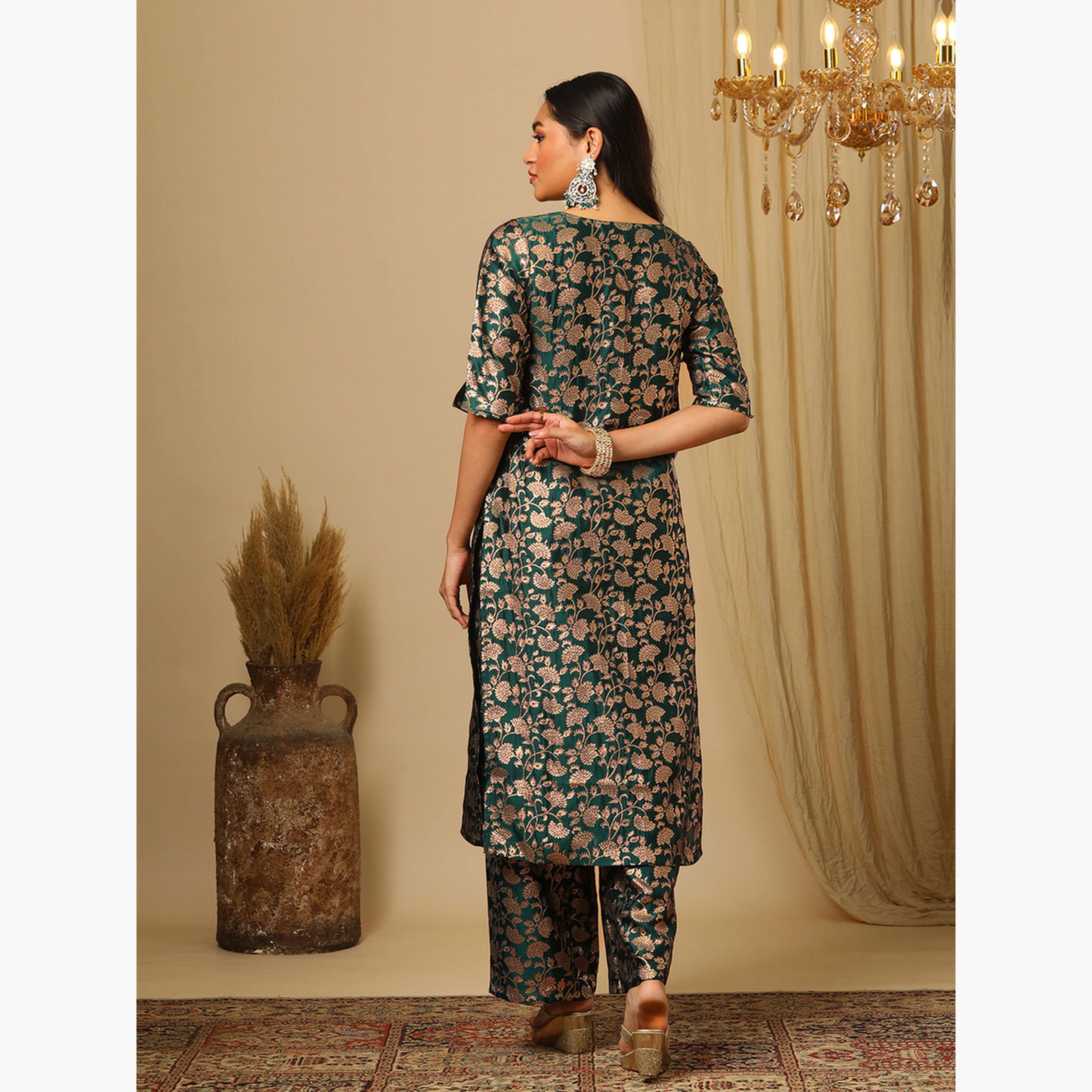 Globus X Styli Green Round Neck Floral Print Straight Kurta and Elasticated Pants Set-women-clothing-ethnicwear-bottoms-pants-image-3