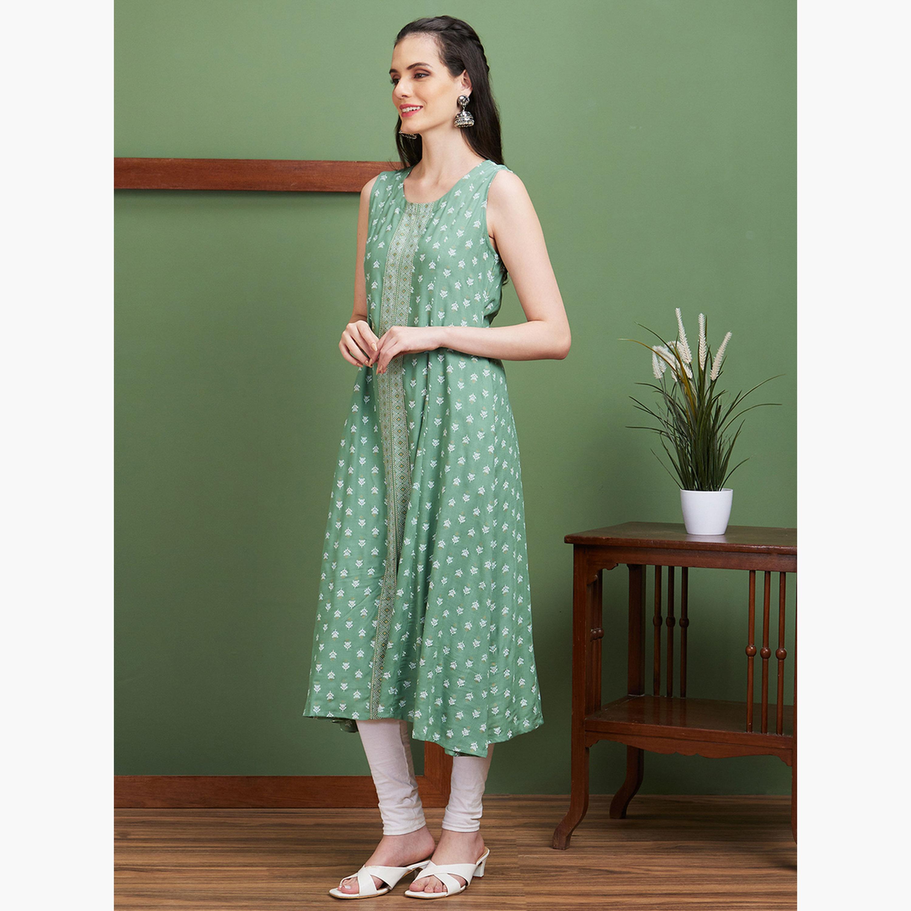 Globus X Styli Floral Print Front Slit Flared Hem Paneled A-Line Kurta-women-clothing-ethnicwear-kurtas-image-2