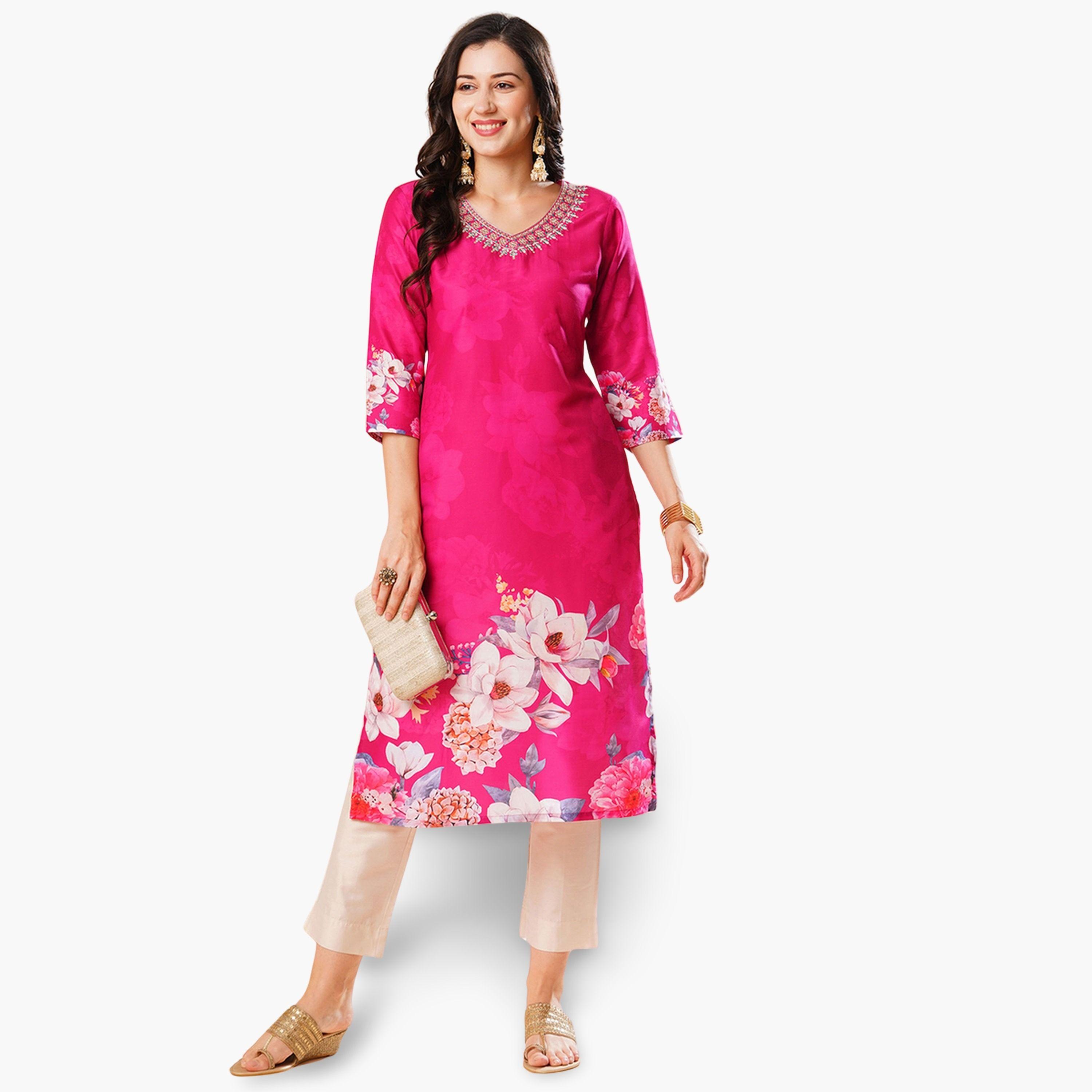 Globus X Styli Floral Print V Neck Straight Kurta-women-clothing-ethnicwear-kurtas-image-1