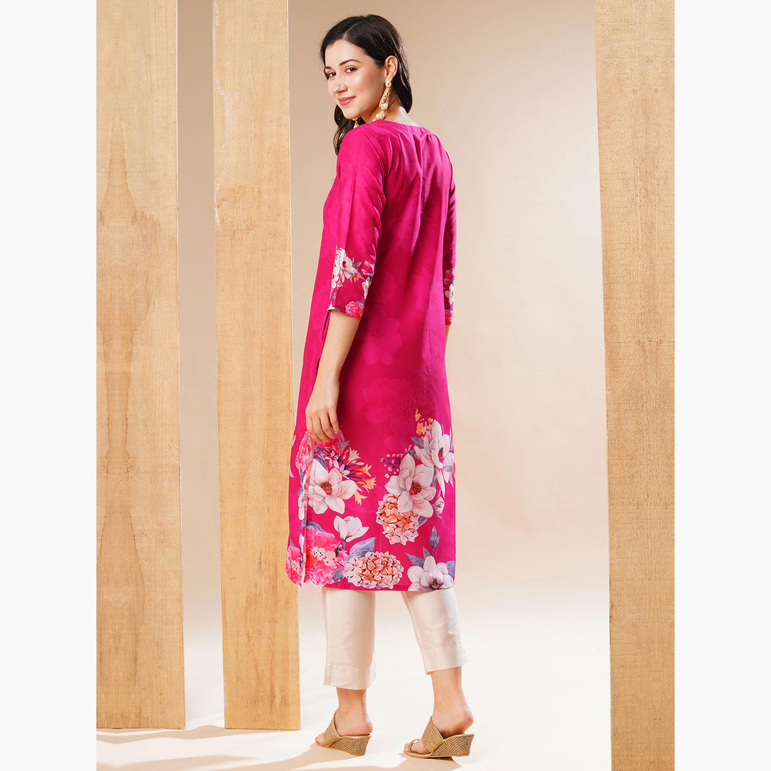 Globus X Styli Floral Print V Neck Straight Kurta-women-clothing-ethnicwear-kurtas-image-3