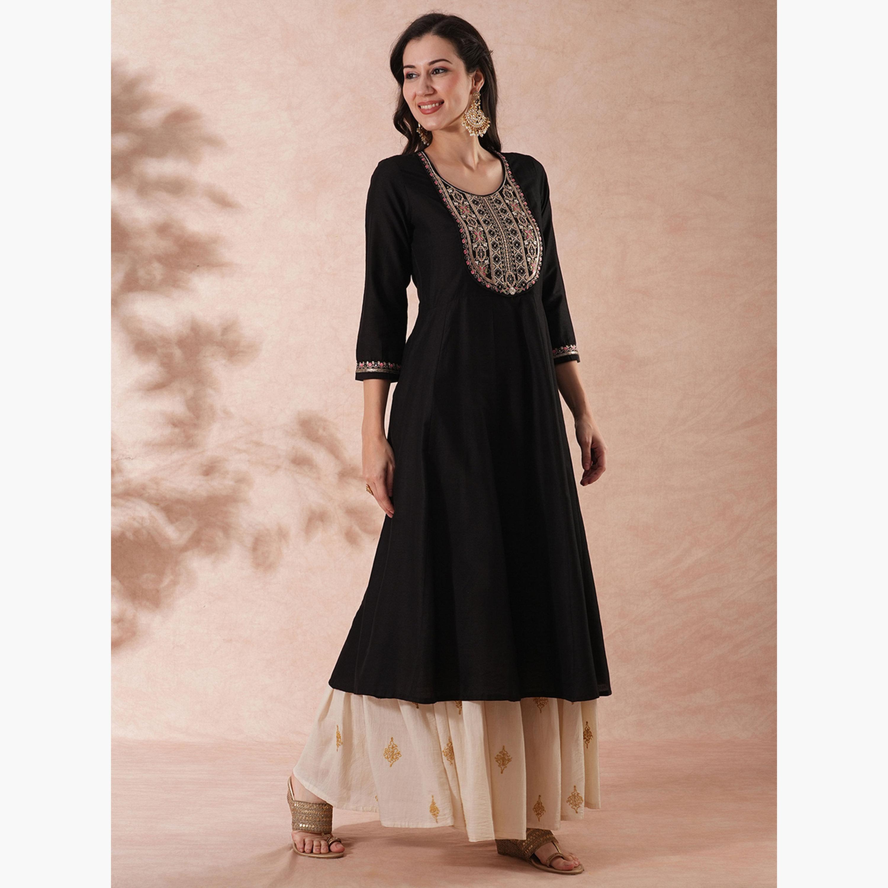 Globus X Styli Zari Embroidered Sequined Yoke Paneled Festive Anarkali Kurta-women-clothing-ethnicwear-kurtas-image-2