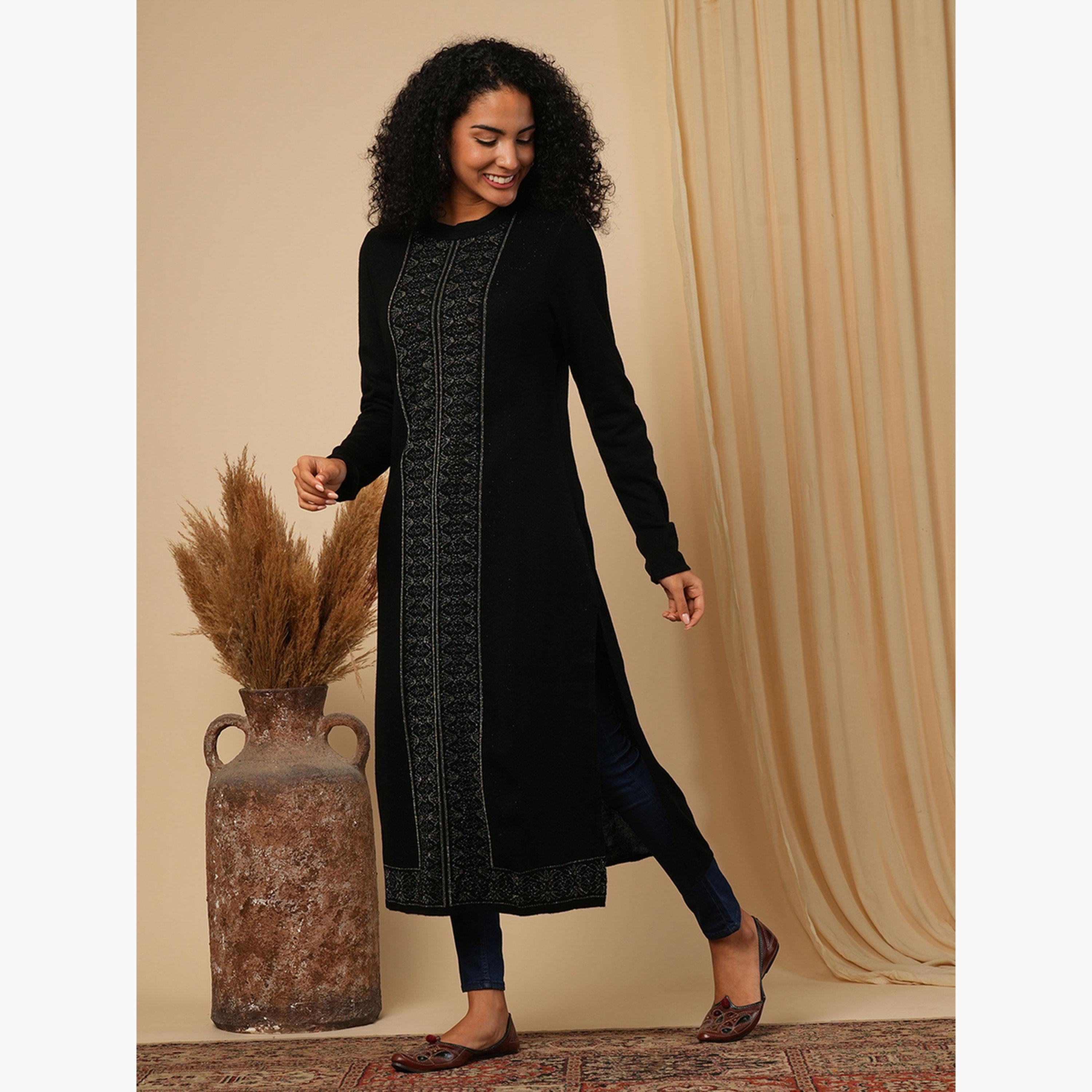 غلوبوص × ستايلي - كورتا (قميص طويل) شتوية فضفاضة محبوكة بنسج مناسب-women-clothing-ethnicwear-kurtas-image-2