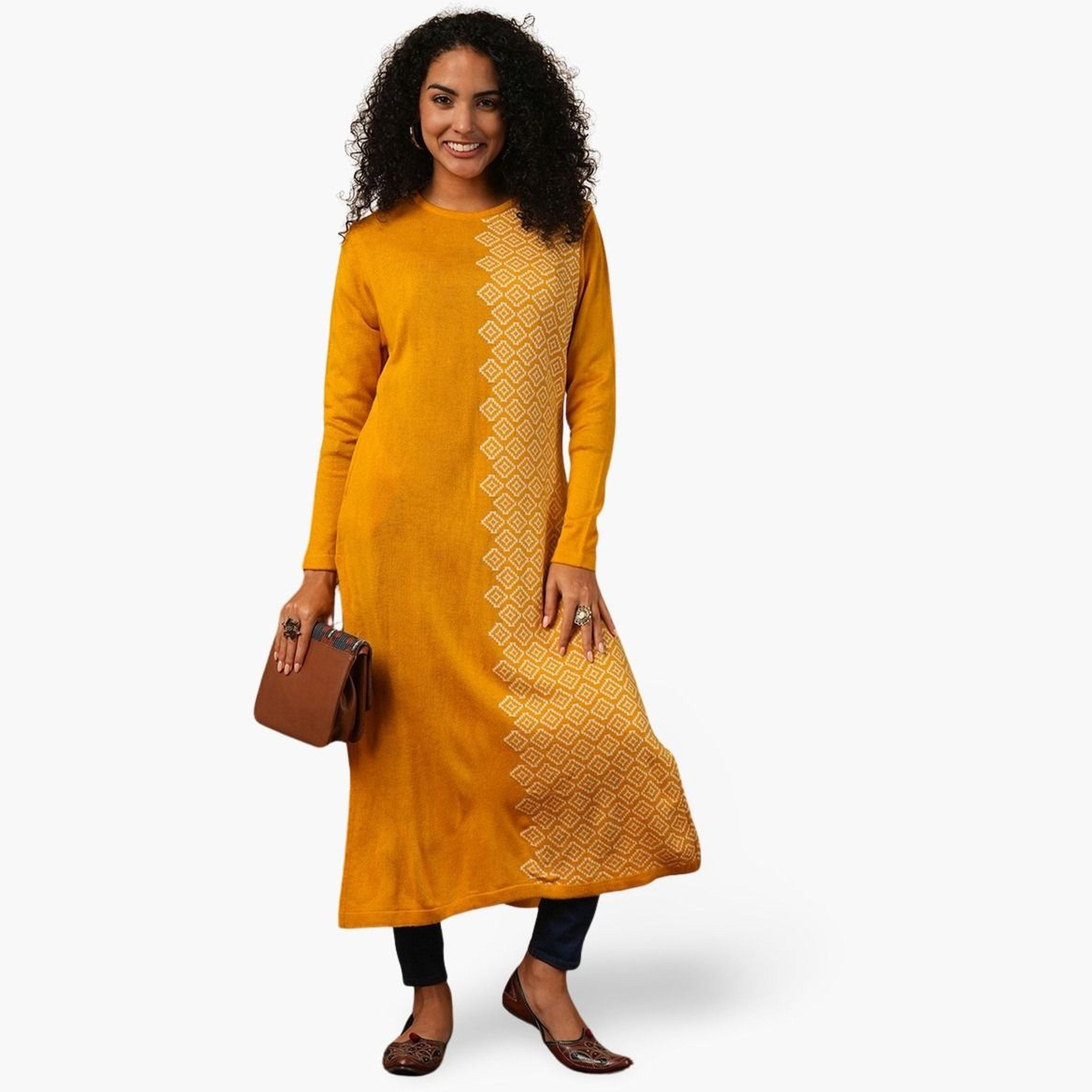 غلوبوص × ستايلي - كورتا (قميص طويل) شتوية فضفاضة محبوكة بطباعة هندسية-women-clothing-ethnicwear-kurtas-image-1