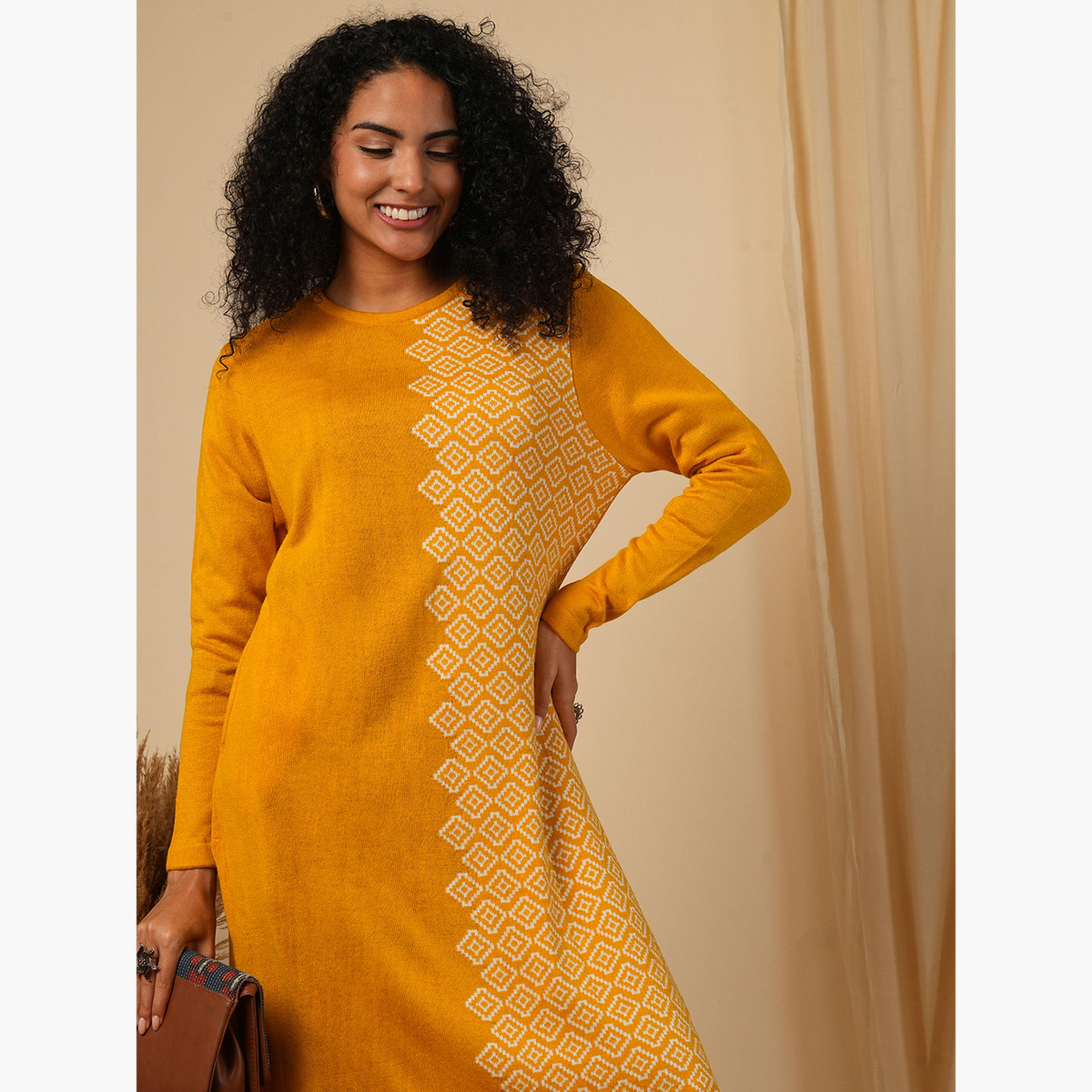 غلوبوص × ستايلي - كورتا (قميص طويل) شتوية فضفاضة محبوكة بطباعة هندسية-women-clothing-ethnicwear-kurtas-image-4