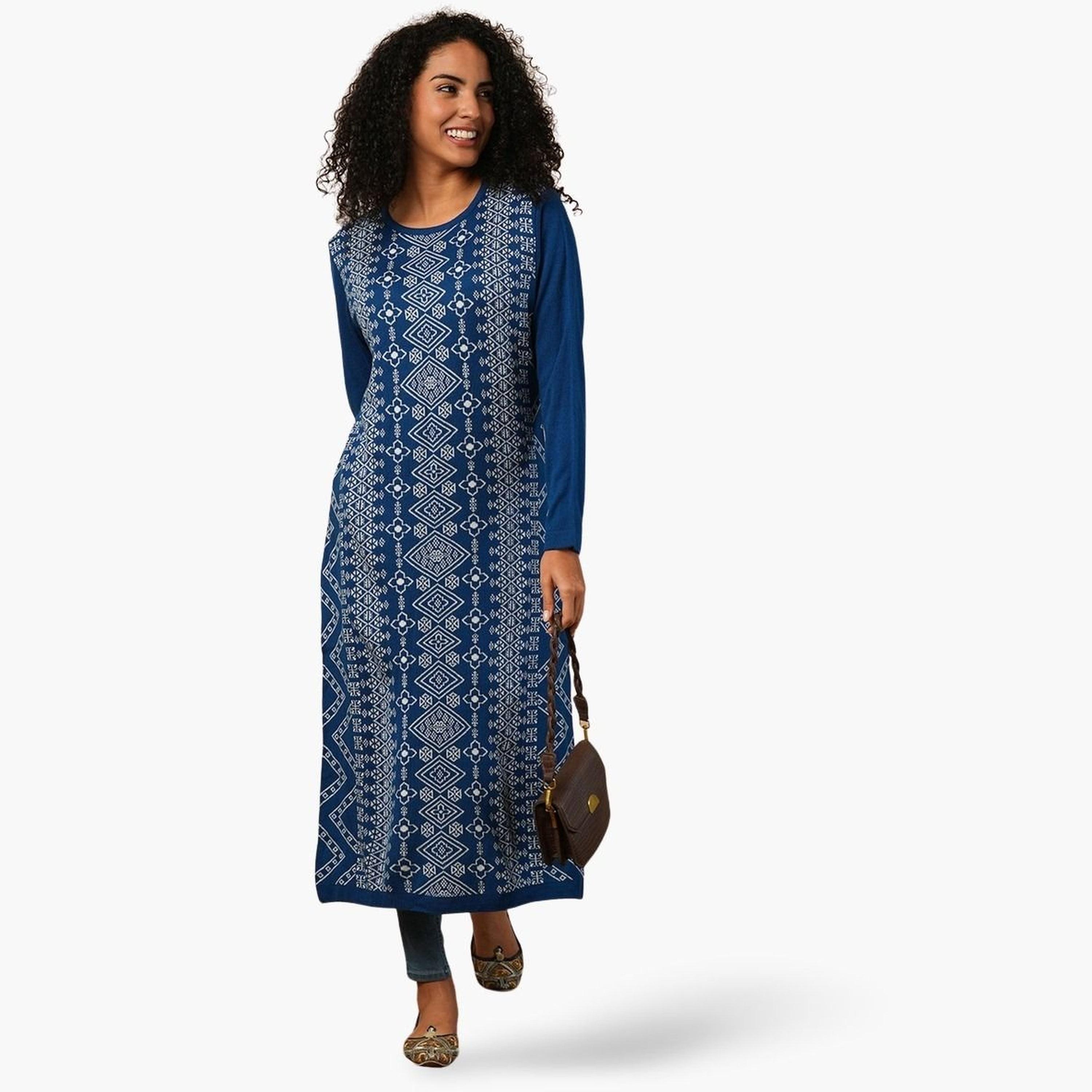 غلوبوص × ستايلي - كورتا (قميص طويل) شتوية فضفاضة بطول الساق مصنوعة من نسيج محبوك-women-clothing-ethnicwear-kurtas-image-1