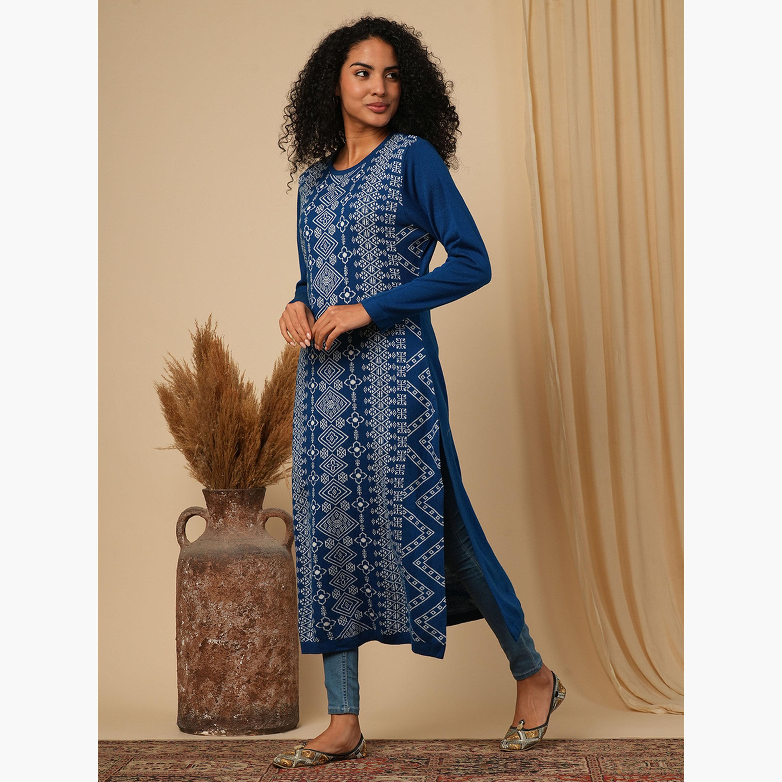 غلوبوص × ستايلي - كورتا (قميص طويل) شتوية فضفاضة بطول الساق مصنوعة من نسيج محبوك-women-clothing-ethnicwear-kurtas-image-2