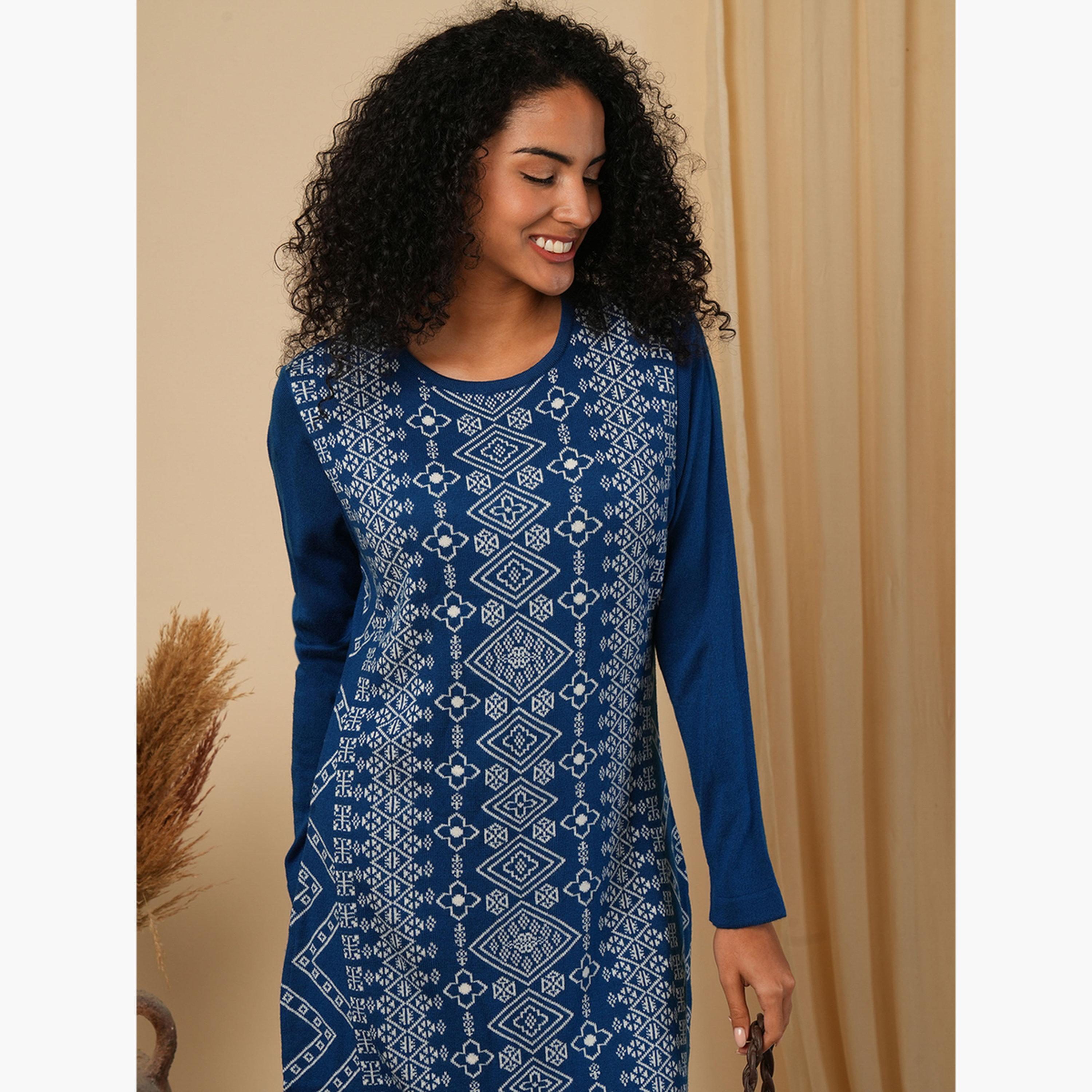 غلوبوص × ستايلي - كورتا (قميص طويل) شتوية فضفاضة بطول الساق مصنوعة من نسيج محبوك-women-clothing-ethnicwear-kurtas-image-4