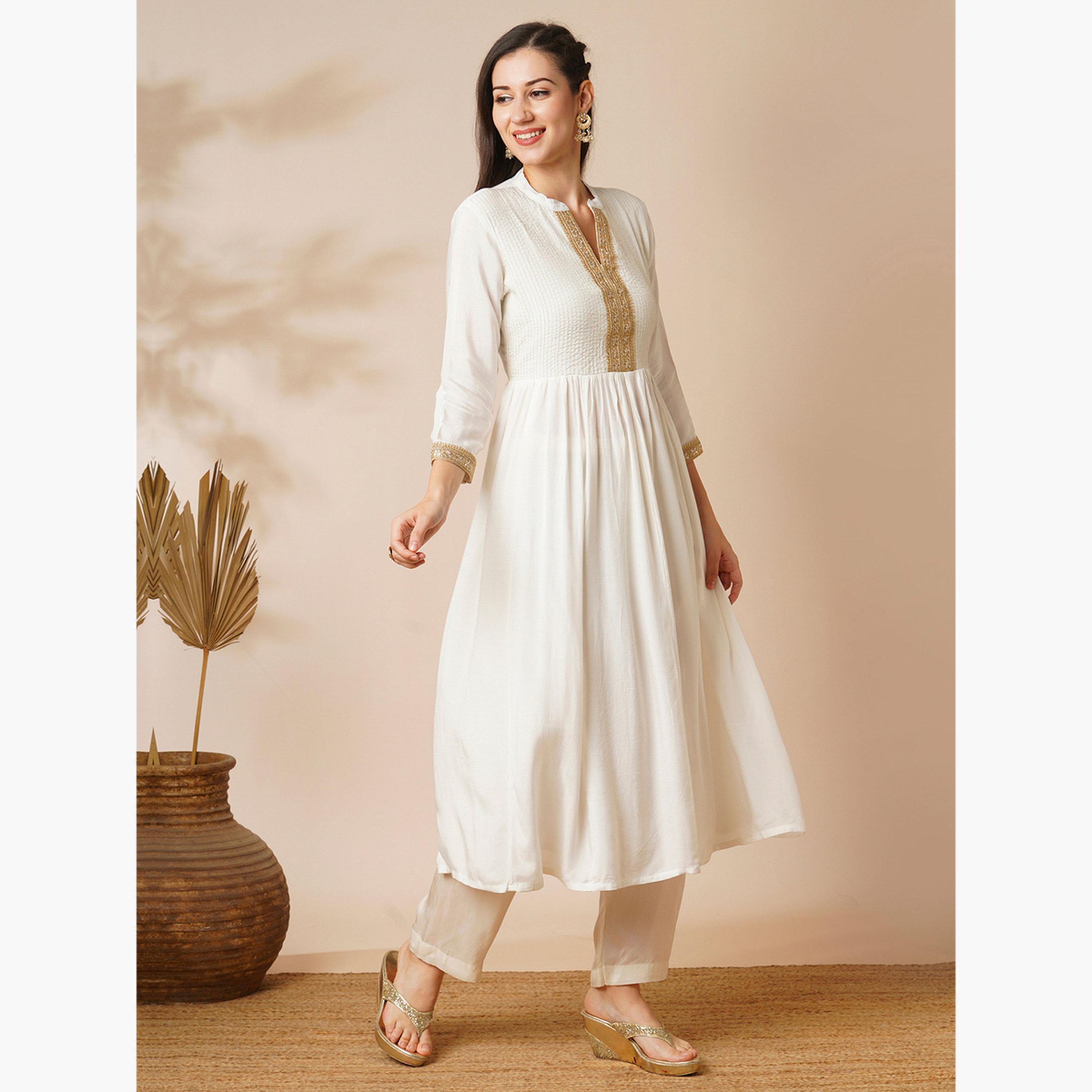 Globus X Styli Mandarin Collar Gotta Lace Yoke A-Line Ethnic Kurta-women-clothing-ethnicwear-kurtas-image-2
