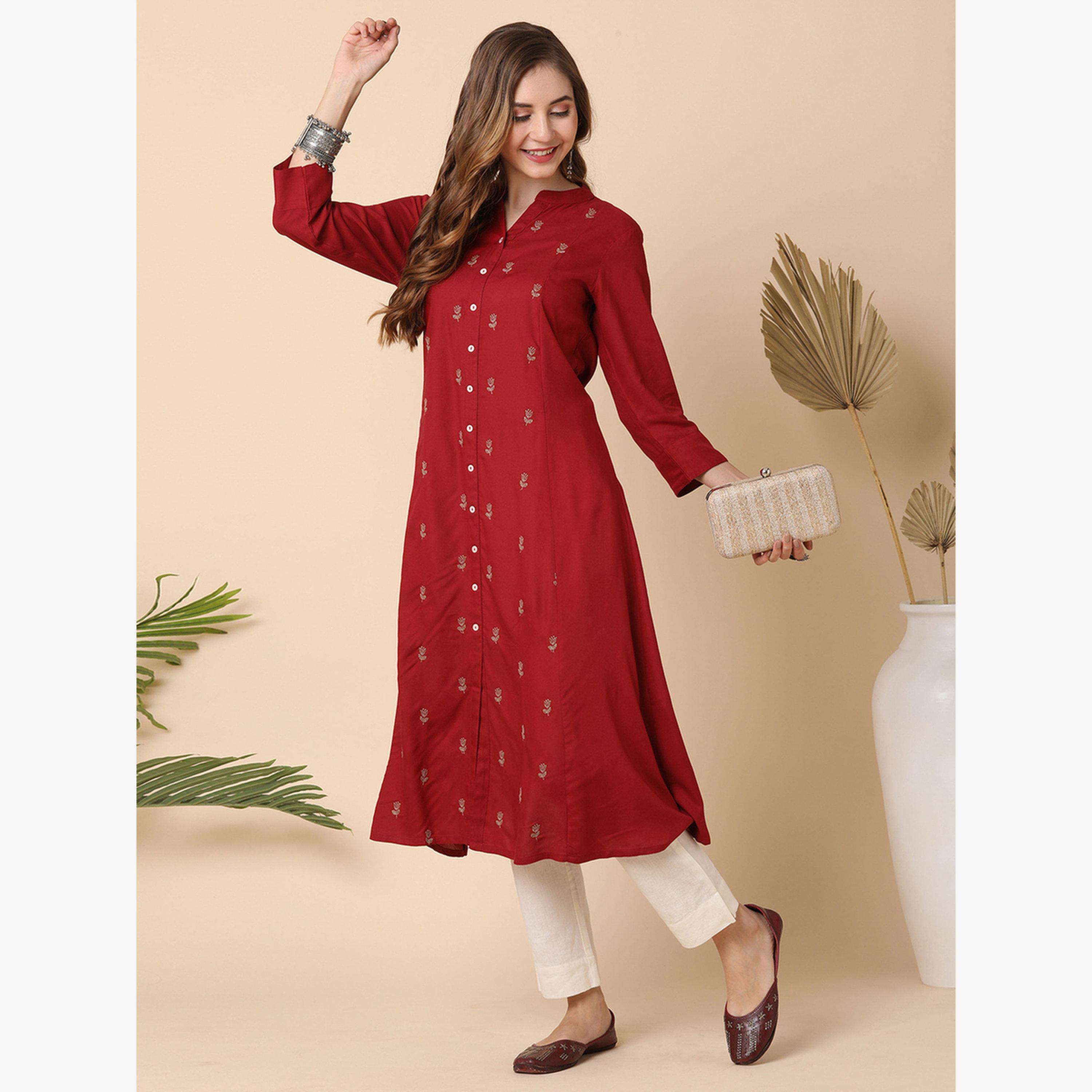 Globus X Styli Mandarin Collar Floral Embroidered Panelled A-Line Kurta-women-clothing-ethnicwear-kurtas-image-2