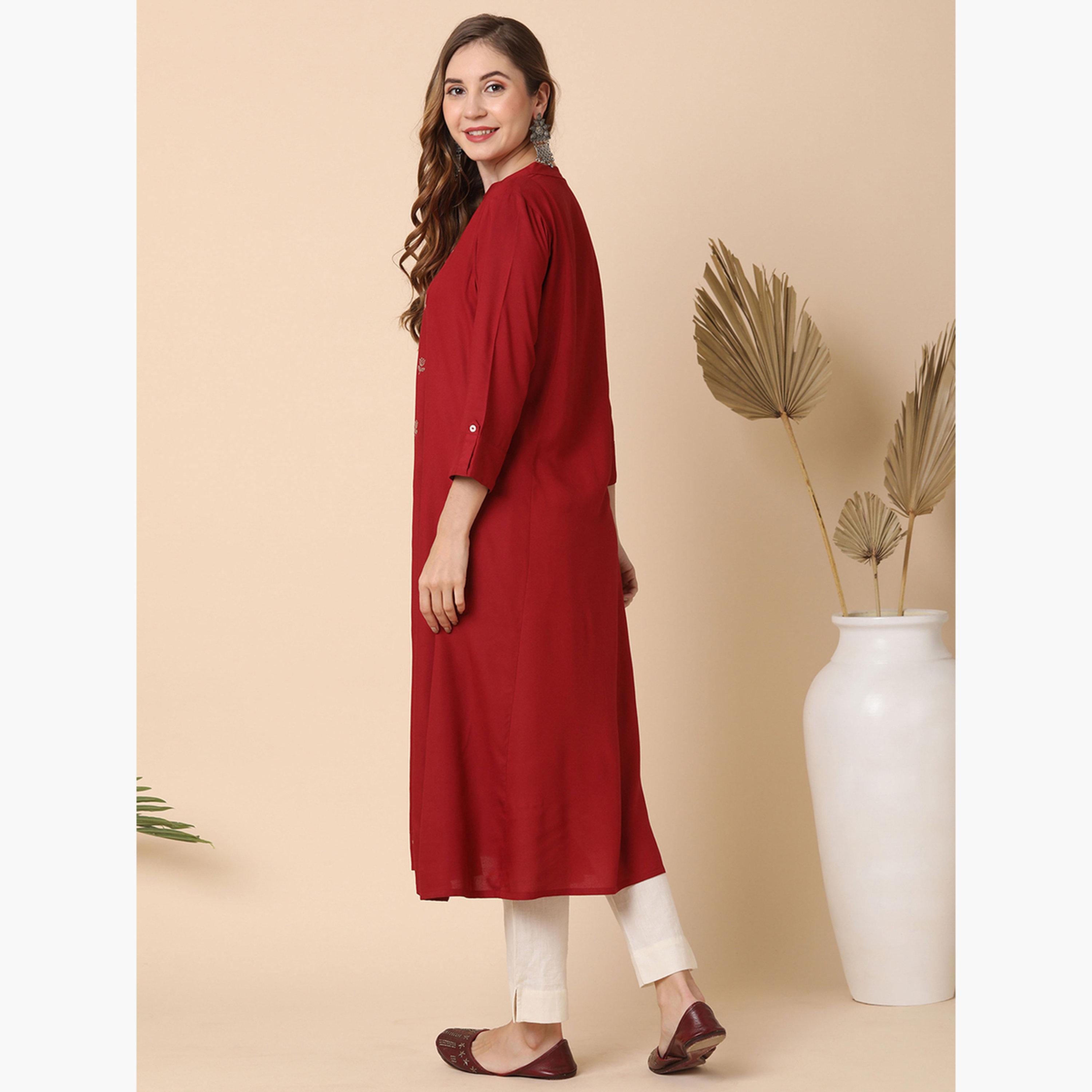 Globus X Styli Mandarin Collar Floral Embroidered Panelled A-Line Kurta-women-clothing-ethnicwear-kurtas-image-3
