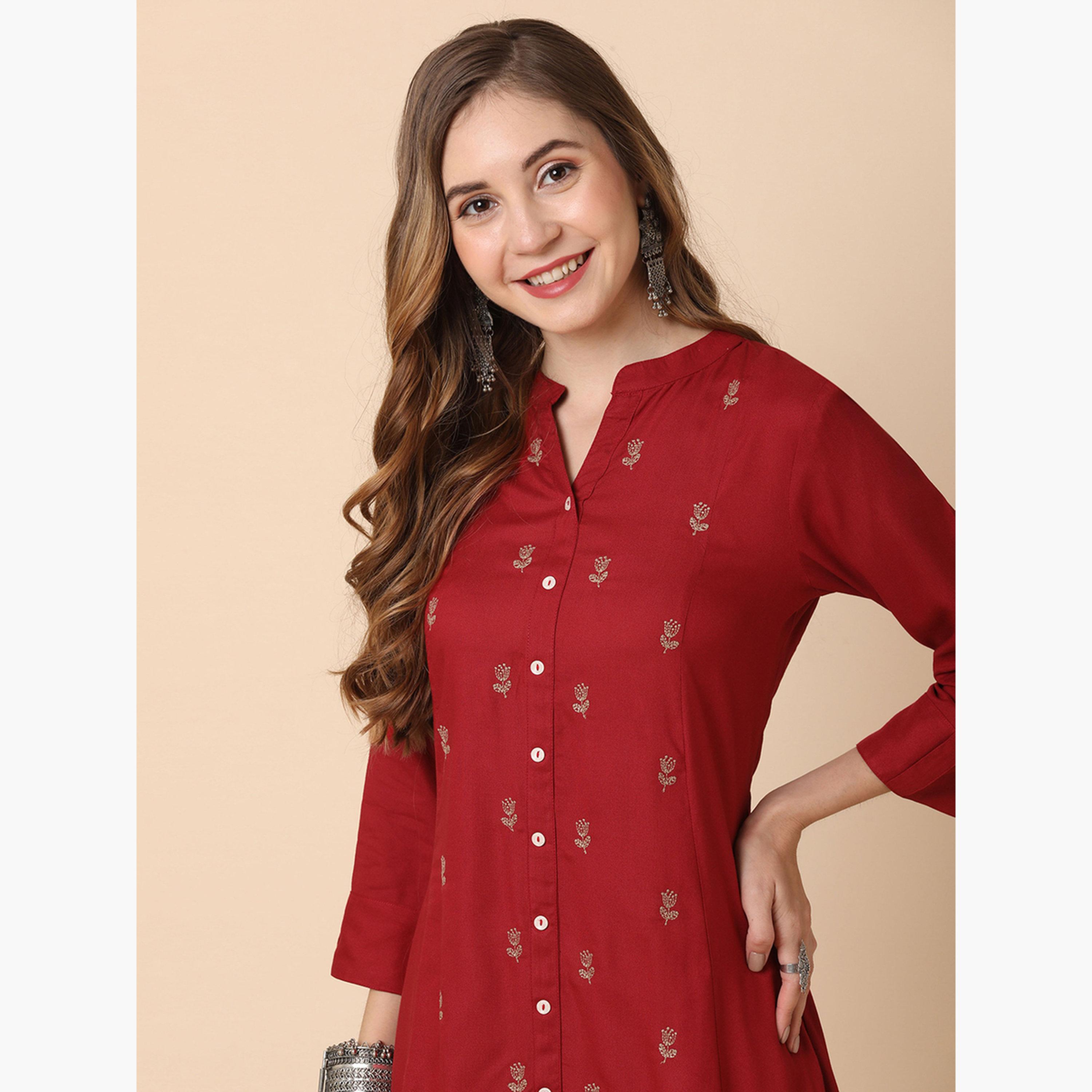 Globus X Styli Mandarin Collar Floral Embroidered Panelled A-Line Kurta-women-clothing-ethnicwear-kurtas-image-4