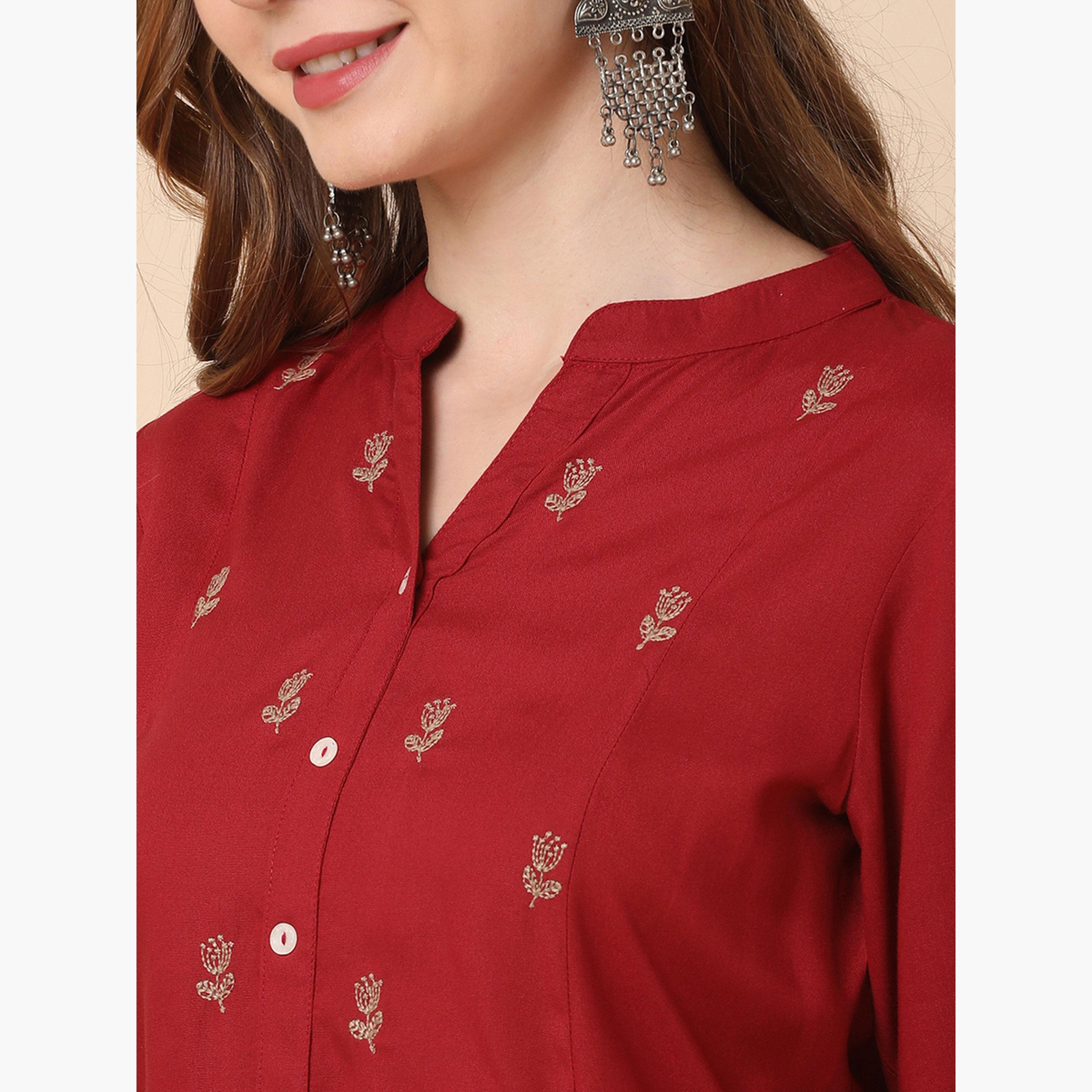 Globus X Styli Mandarin Collar Floral Embroidered Panelled A-Line Kurta-women-clothing-ethnicwear-kurtas-image-5