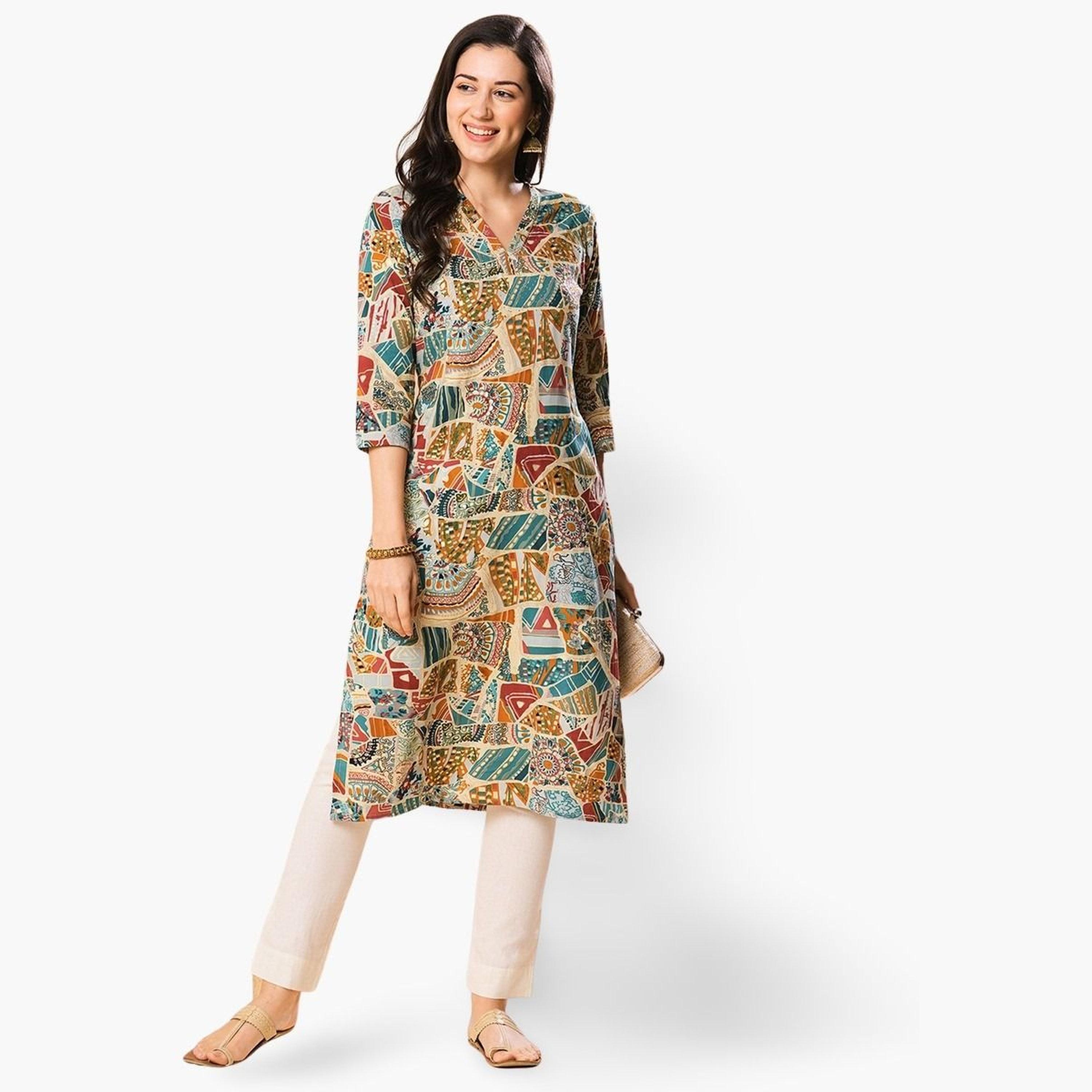 غلوبوص × ستايلي - كورتا (قميص طويل) مستقيمة مرصعة بطبعات مرصعة بالكامل-women-clothing-ethnicwear-kurtas-image-1