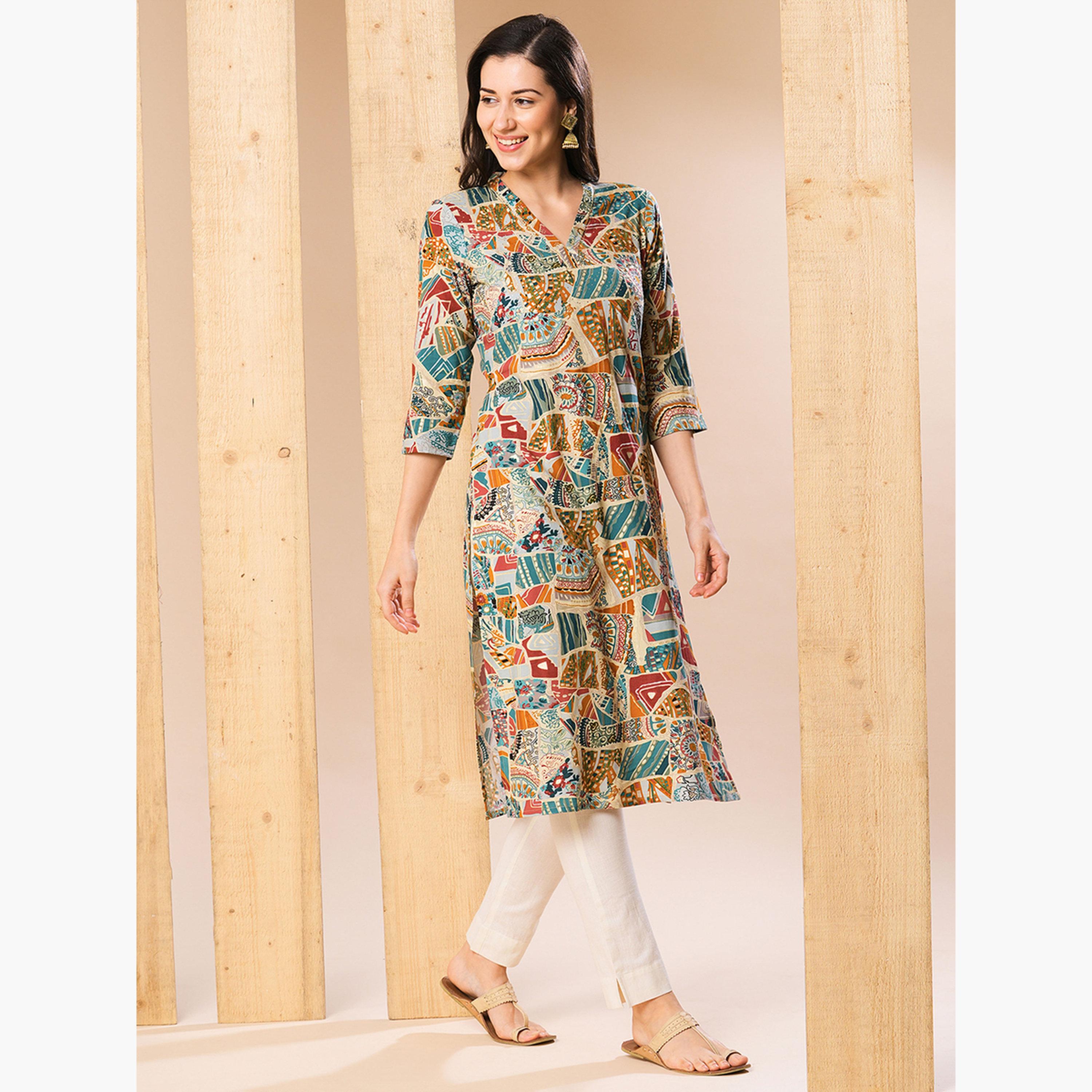 Globus X Styli All Over Print Studded Straight Kurta-women-clothing-ethnicwear-kurtas-image-2