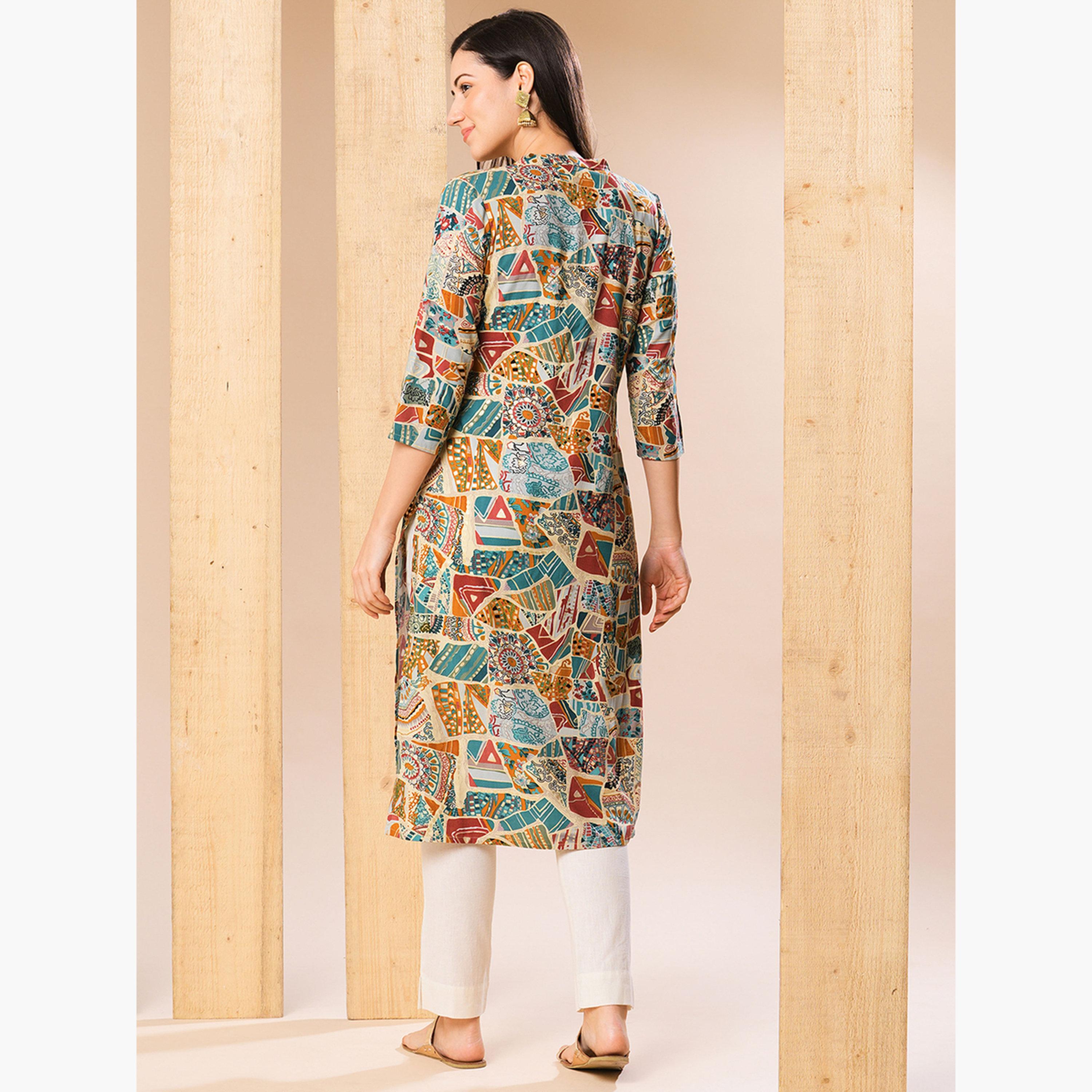 Globus X Styli All Over Print Studded Straight Kurta-women-clothing-ethnicwear-kurtas-image-3