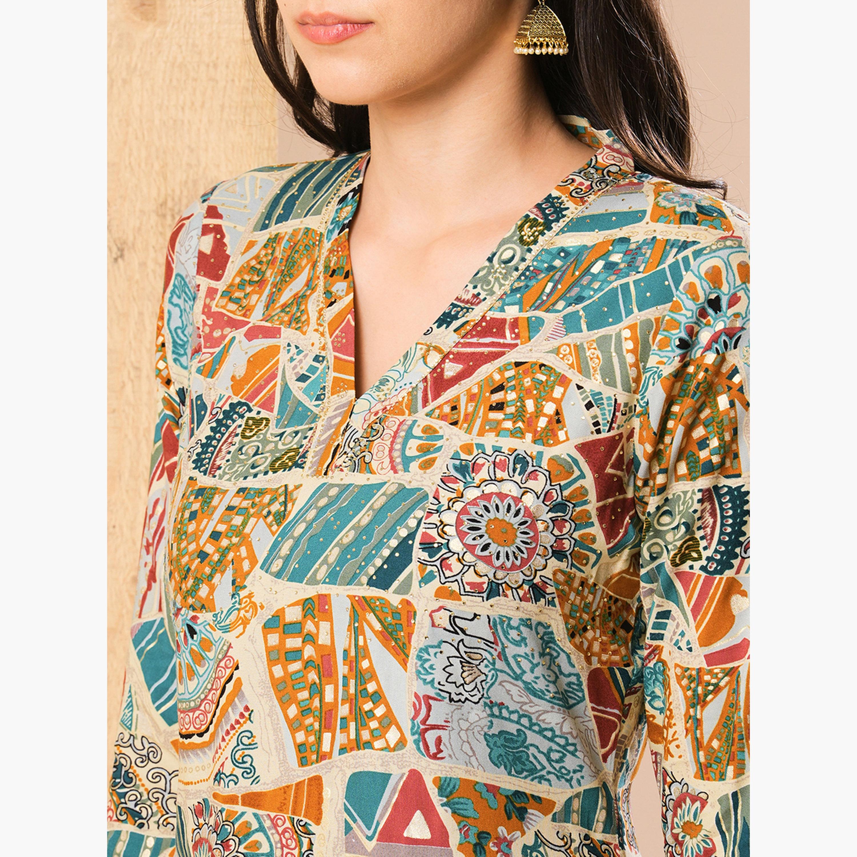 Globus X Styli All Over Print Studded Straight Kurta-women-clothing-ethnicwear-kurtas-image-5