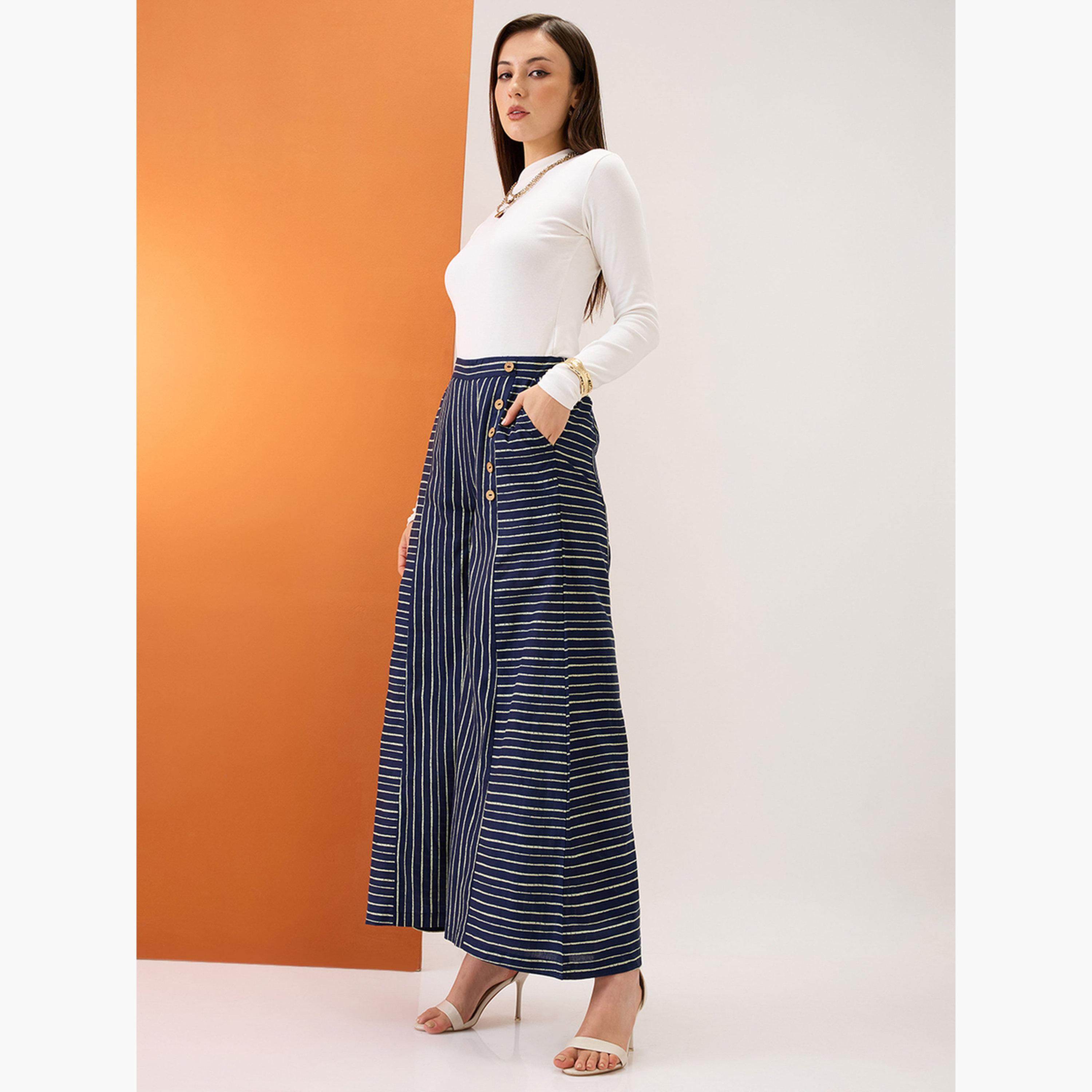 غلوبوص × ستايلي - بنطال بالازو مخطط بتفاصيل أزرار-women-clothing-ethnicwear-bottoms-palazzos-image-2