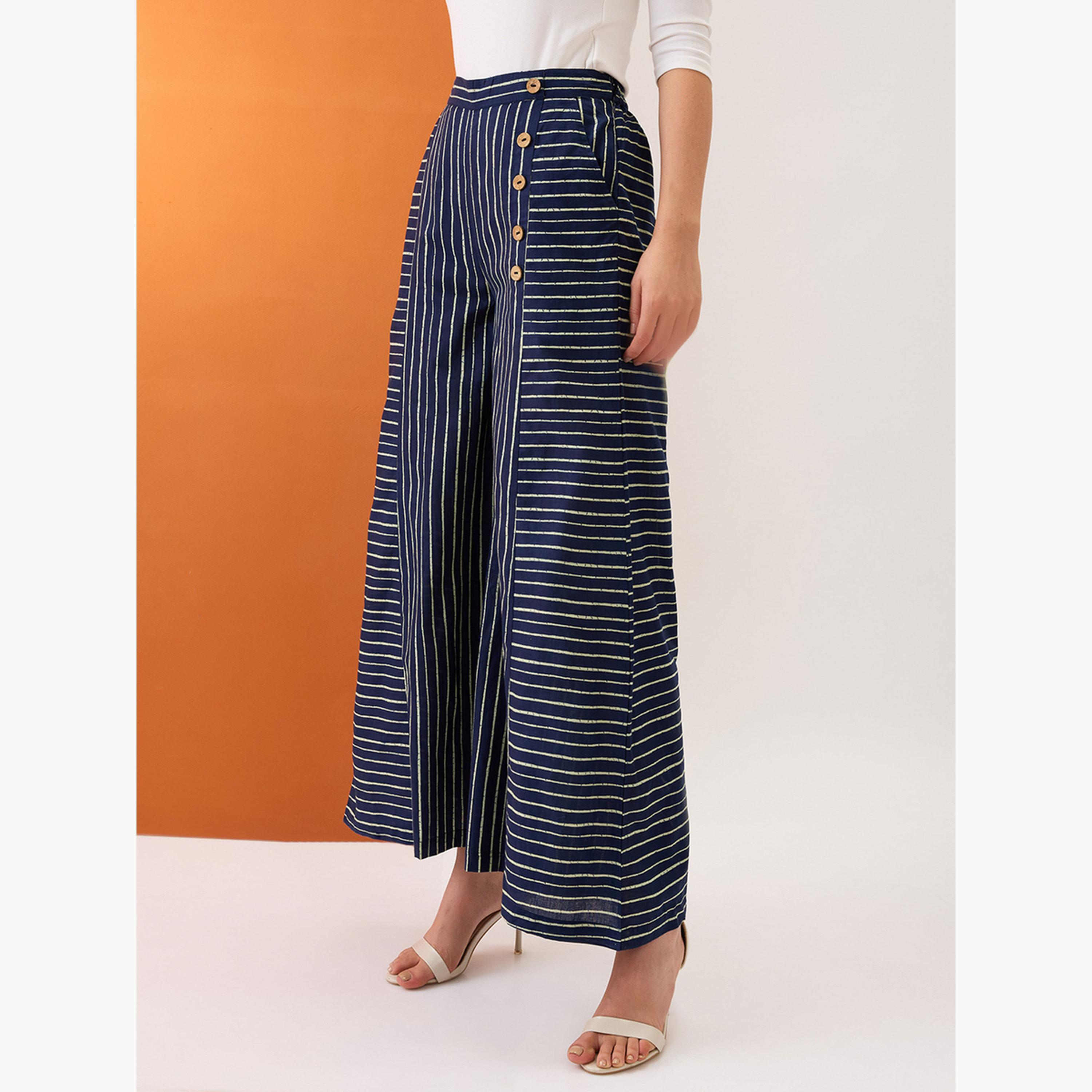 غلوبوص × ستايلي - بنطال بالازو مخطط بتفاصيل أزرار-women-clothing-ethnicwear-bottoms-palazzos-image-3