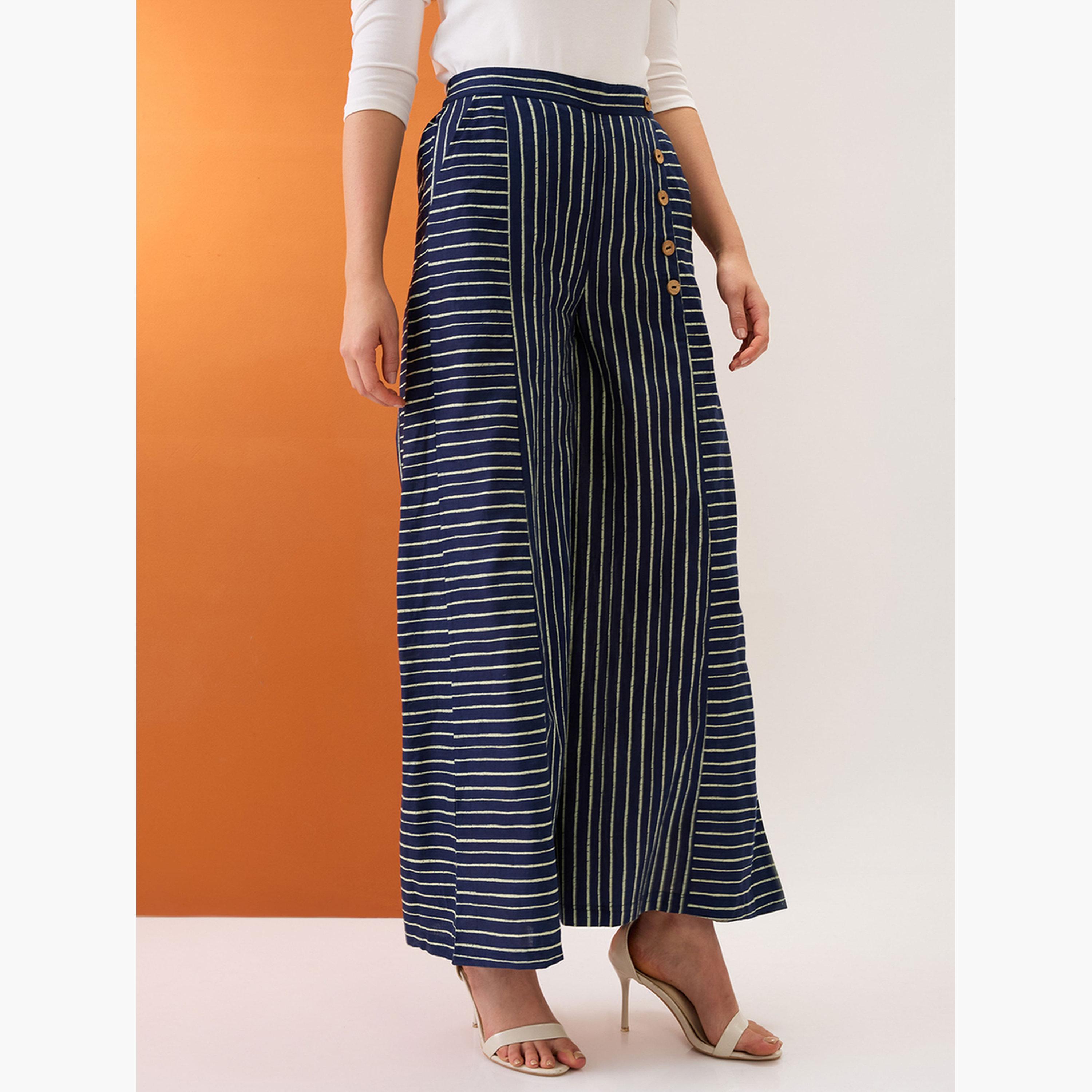 غلوبوص × ستايلي - بنطال بالازو مخطط بتفاصيل أزرار-women-clothing-ethnicwear-bottoms-palazzos-image-4