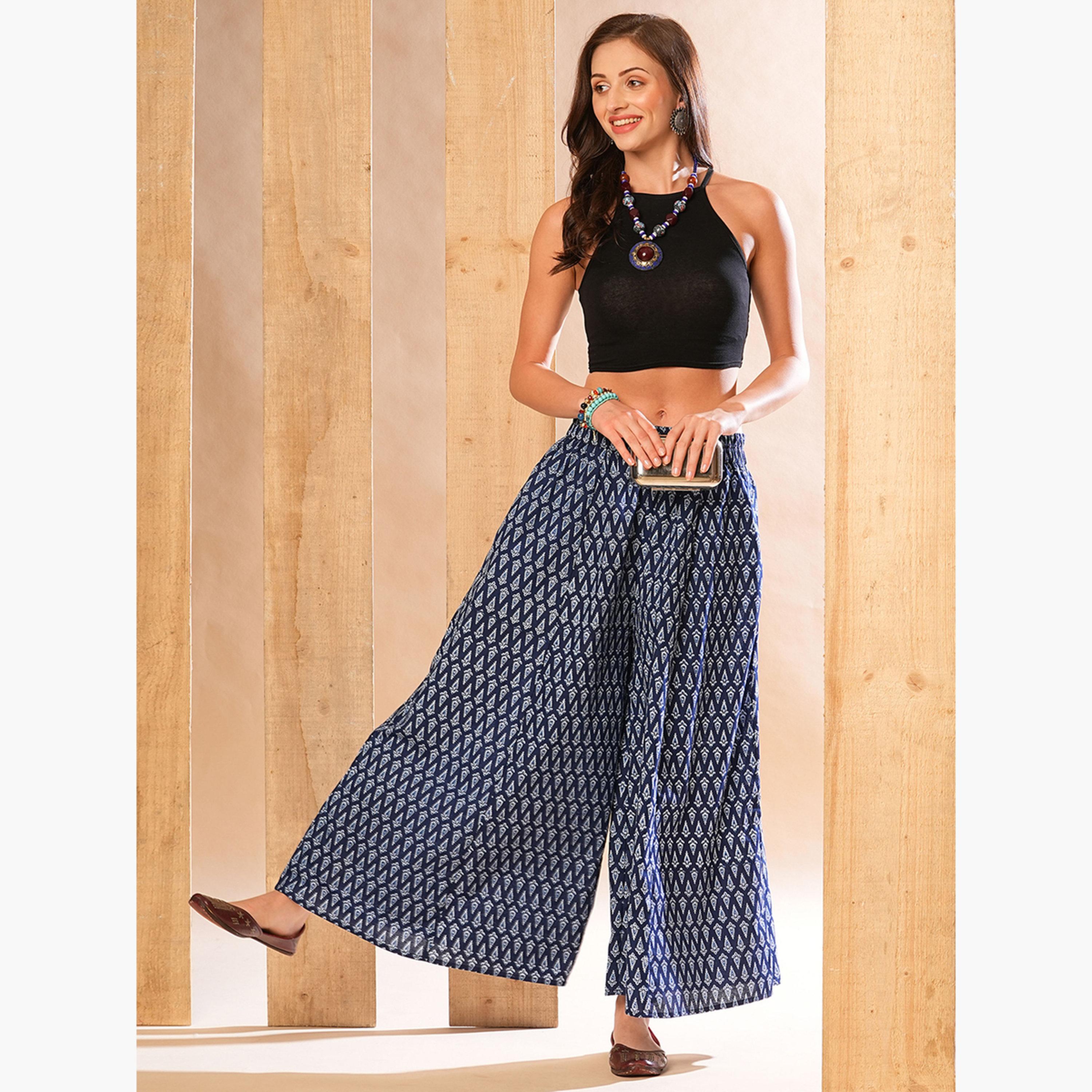 غلوبوص × ستايلي - بنطالات بالازو خصر مطاطي نقشة عرقية-women-clothing-ethnicwear-bottoms-palazzos-image-2