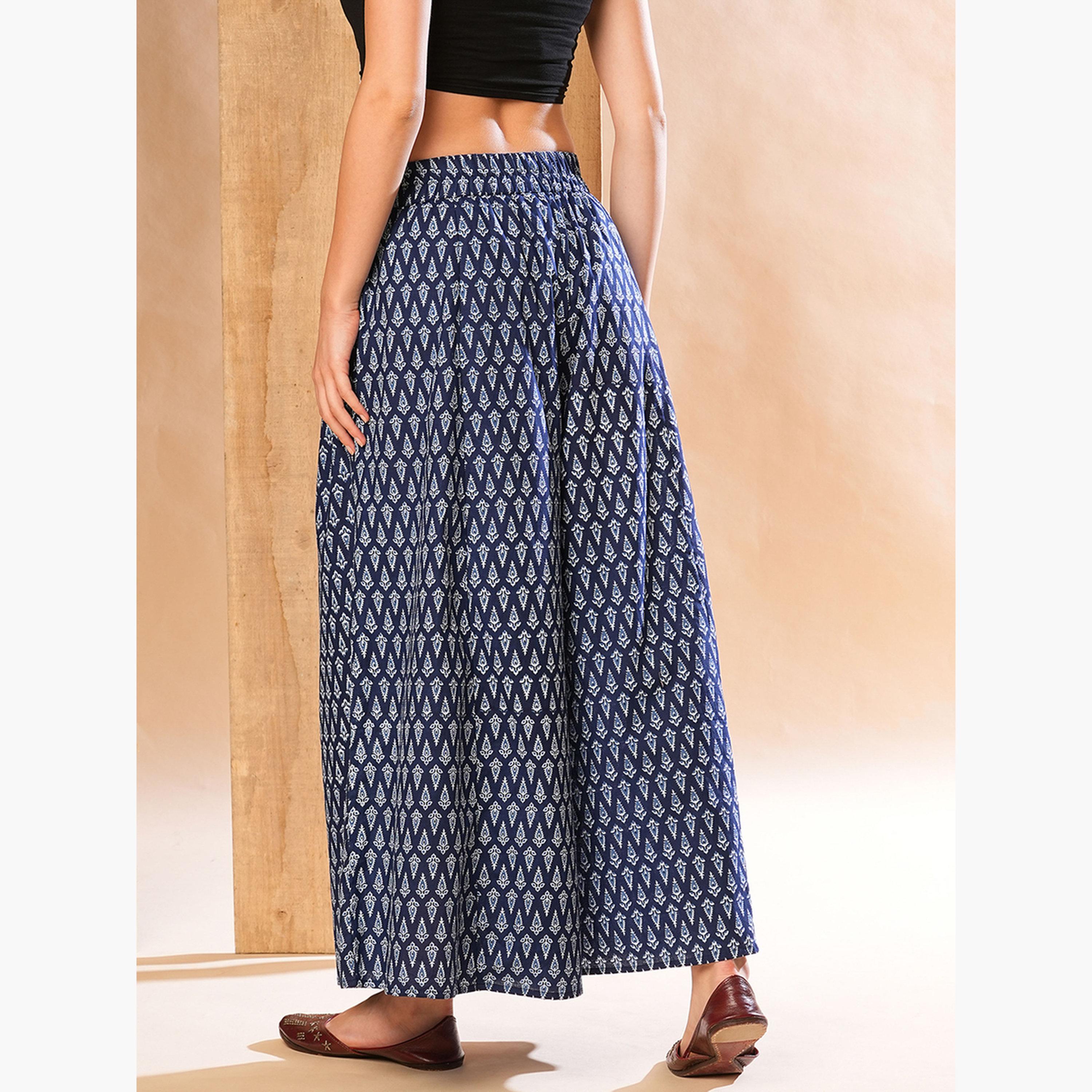 غلوبوص × ستايلي - بنطالات بالازو خصر مطاطي نقشة عرقية-women-clothing-ethnicwear-bottoms-palazzos-image-3
