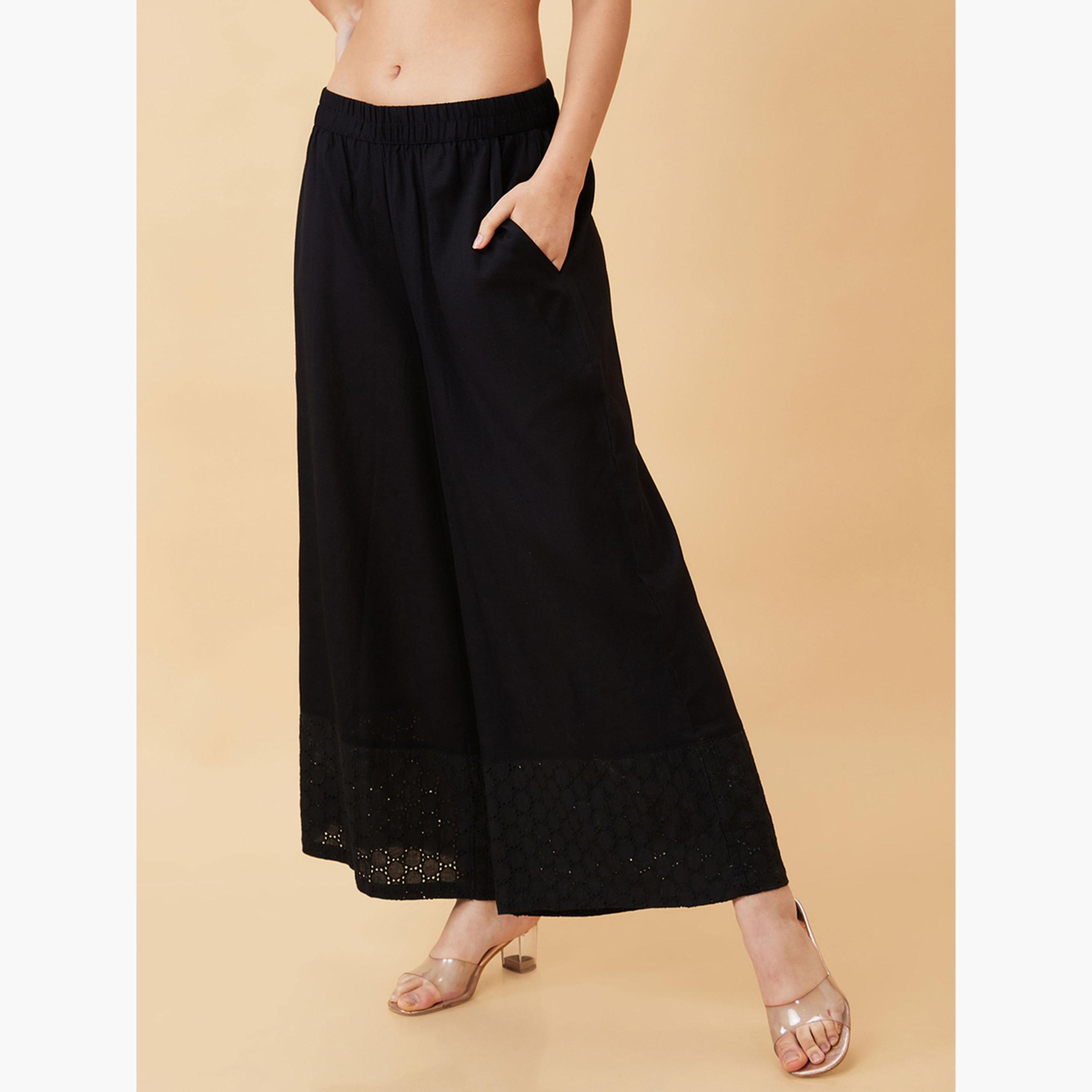غلوبوص × ستايلي - بنطال بالازو حافة شيفلي واسع الساق نقشة عرقية-women-clothing-ethnicwear-bottoms-palazzos-image-4