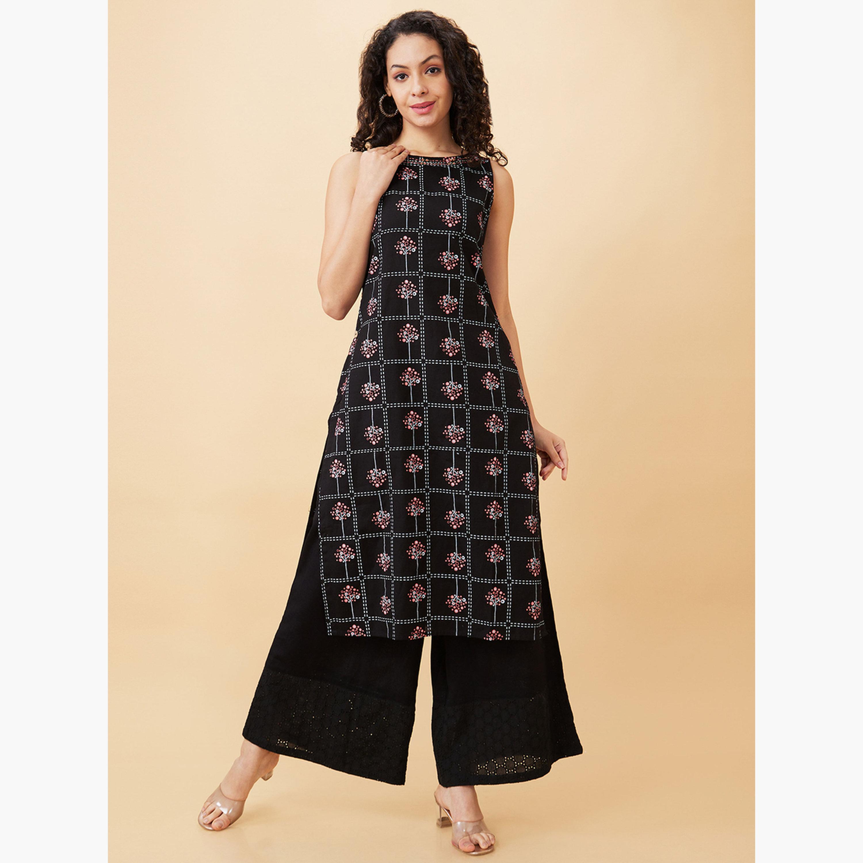 غلوبوص × ستايلي - بنطال بالازو حافة شيفلي واسع الساق نقشة عرقية-women-clothing-ethnicwear-bottoms-palazzos-image-6