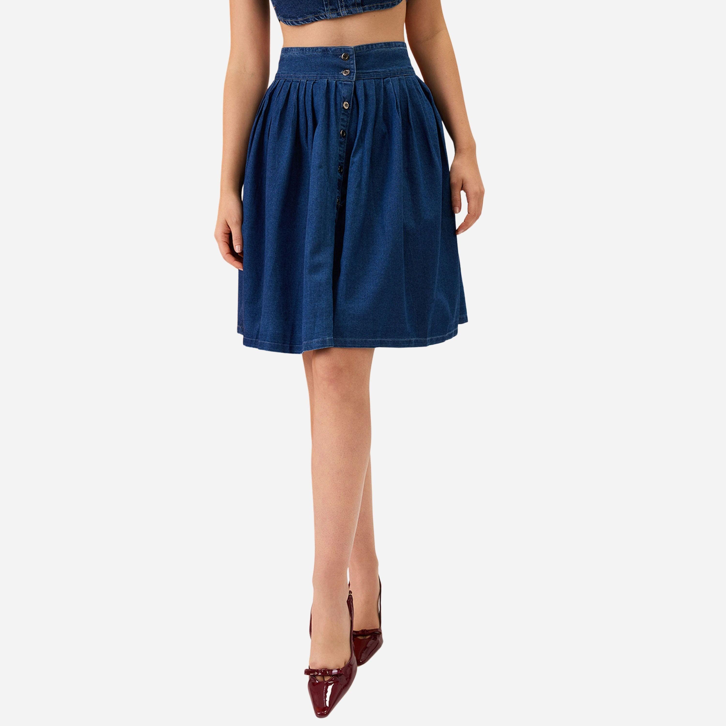 غلوبوص × ستايلي - تنورة جينز قصيرة لون أزرقمطوية بأزرار-women-clothing-bottoms-skirts-image-1