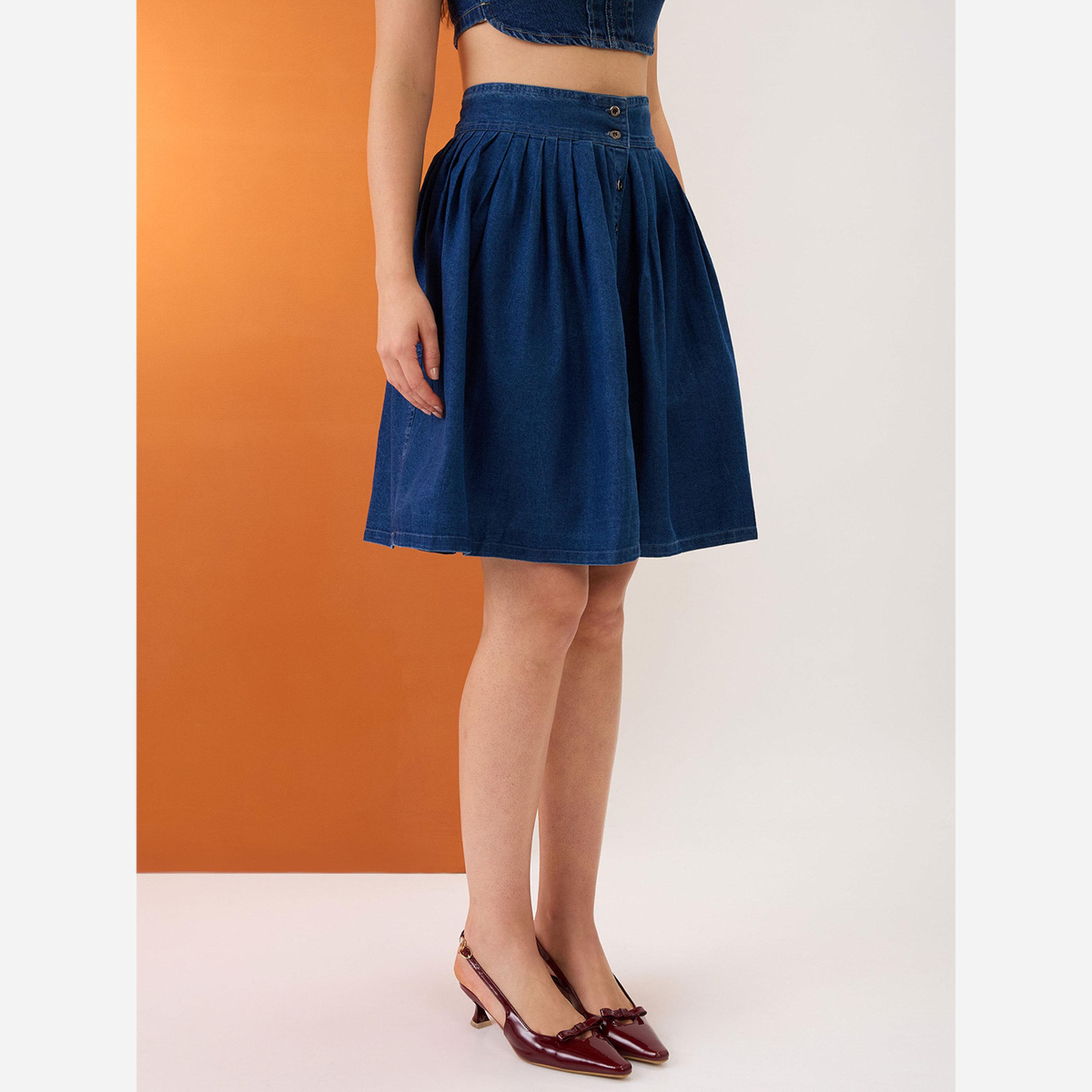 غلوبوص × ستايلي - تنورة جينز قصيرة لون أزرقمطوية بأزرار-women-clothing-bottoms-skirts-image-3