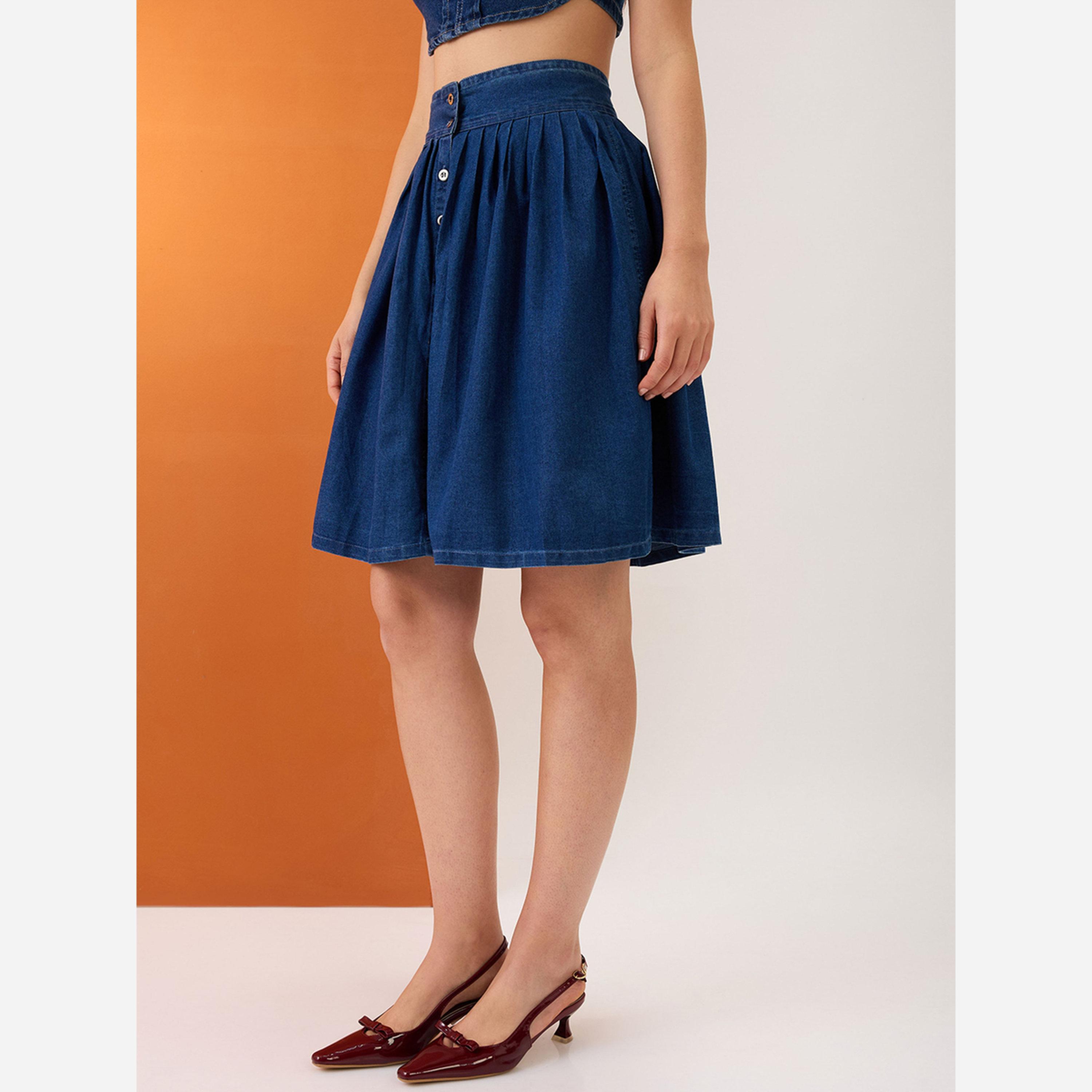 غلوبوص × ستايلي - تنورة جينز قصيرة لون أزرقمطوية بأزرار-women-clothing-bottoms-skirts-image-4